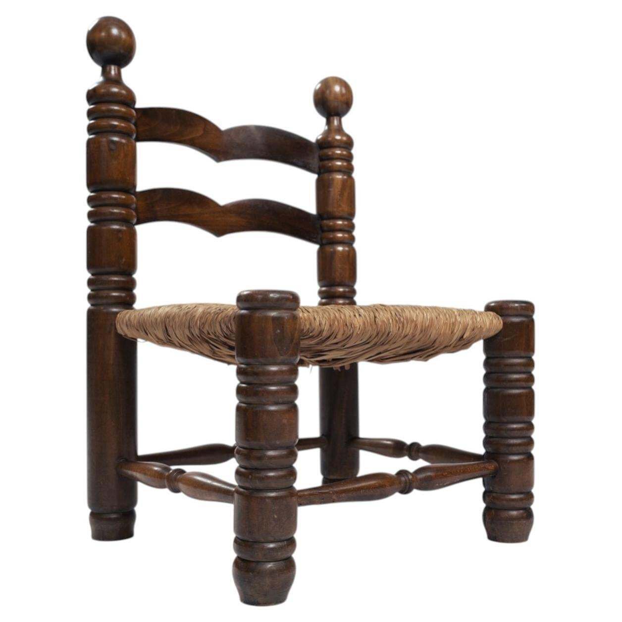 Low Oak Woven Straw Chair In The Manner Of Charles Dudouyt, 1940s