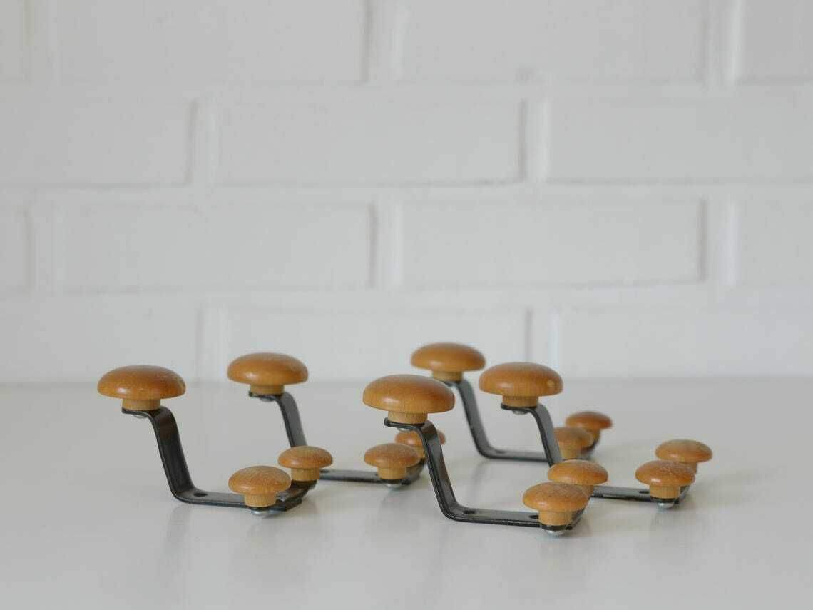 Vintage Hooks / Wood And Metal / Set Of 10 / Wall Coat Rack / Retro Hooks 1990's / Hat Rack / Towel Rack photo vinterior
