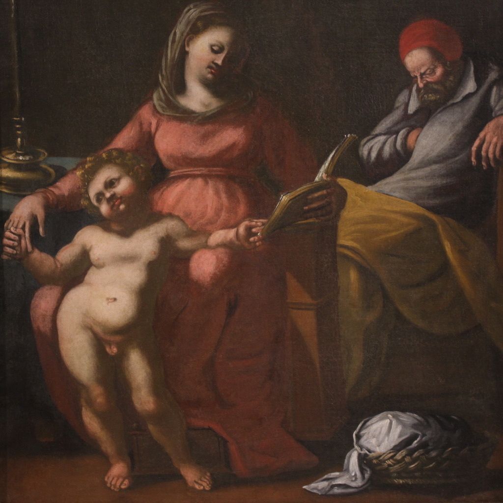 Antique Italian Painting From The 17th Century, Holy Family With Sleeping Saint Joseph photo for sale