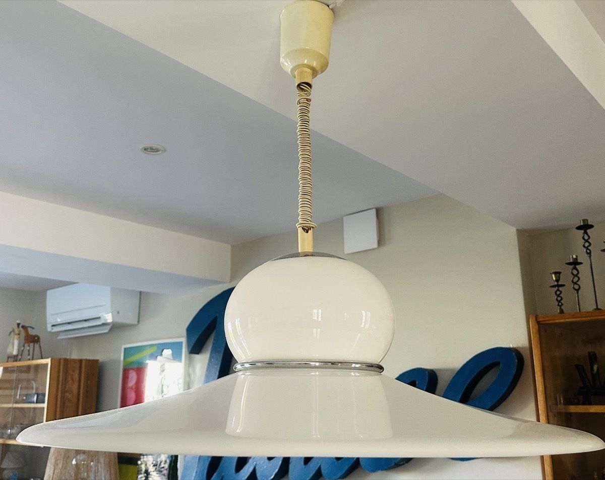 Lighting 1970s Italian White Plexiglass Space Age Harvey Guzzini Hanging Pendant Light photo
