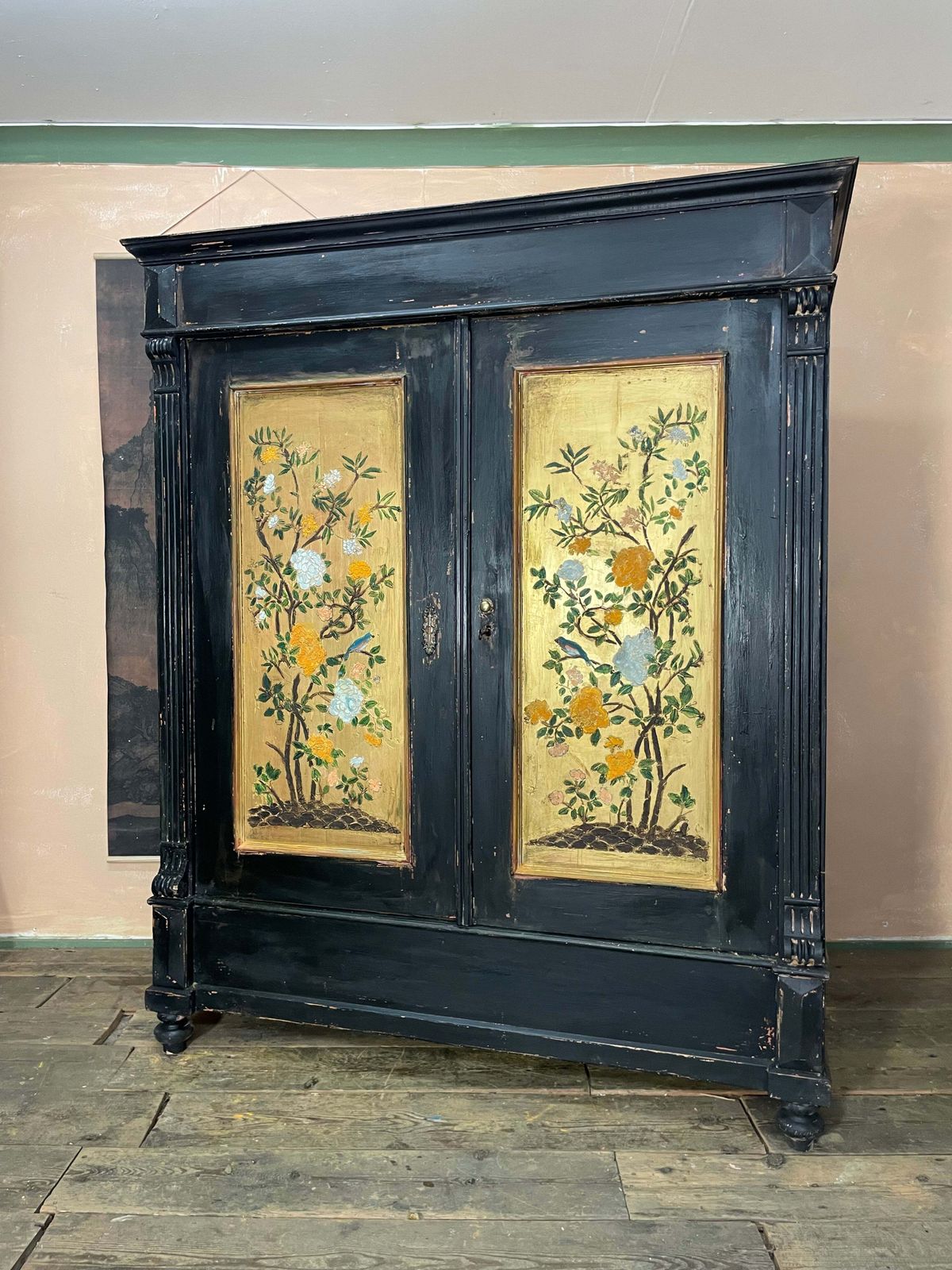 Vintage Painted Pine Wardrobe With Chinoiserie Panels photo furniture