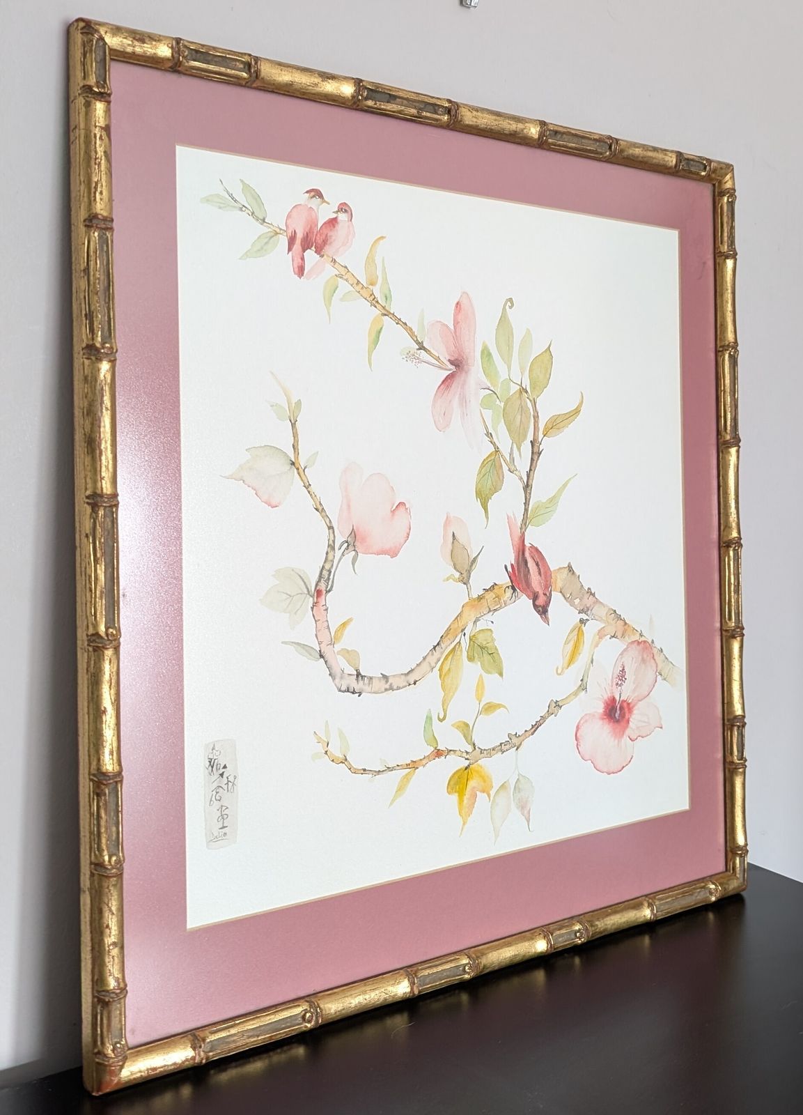 Vintage Framed Asian Watercolour Painting Birds Blossom Signed Delia photo furniture