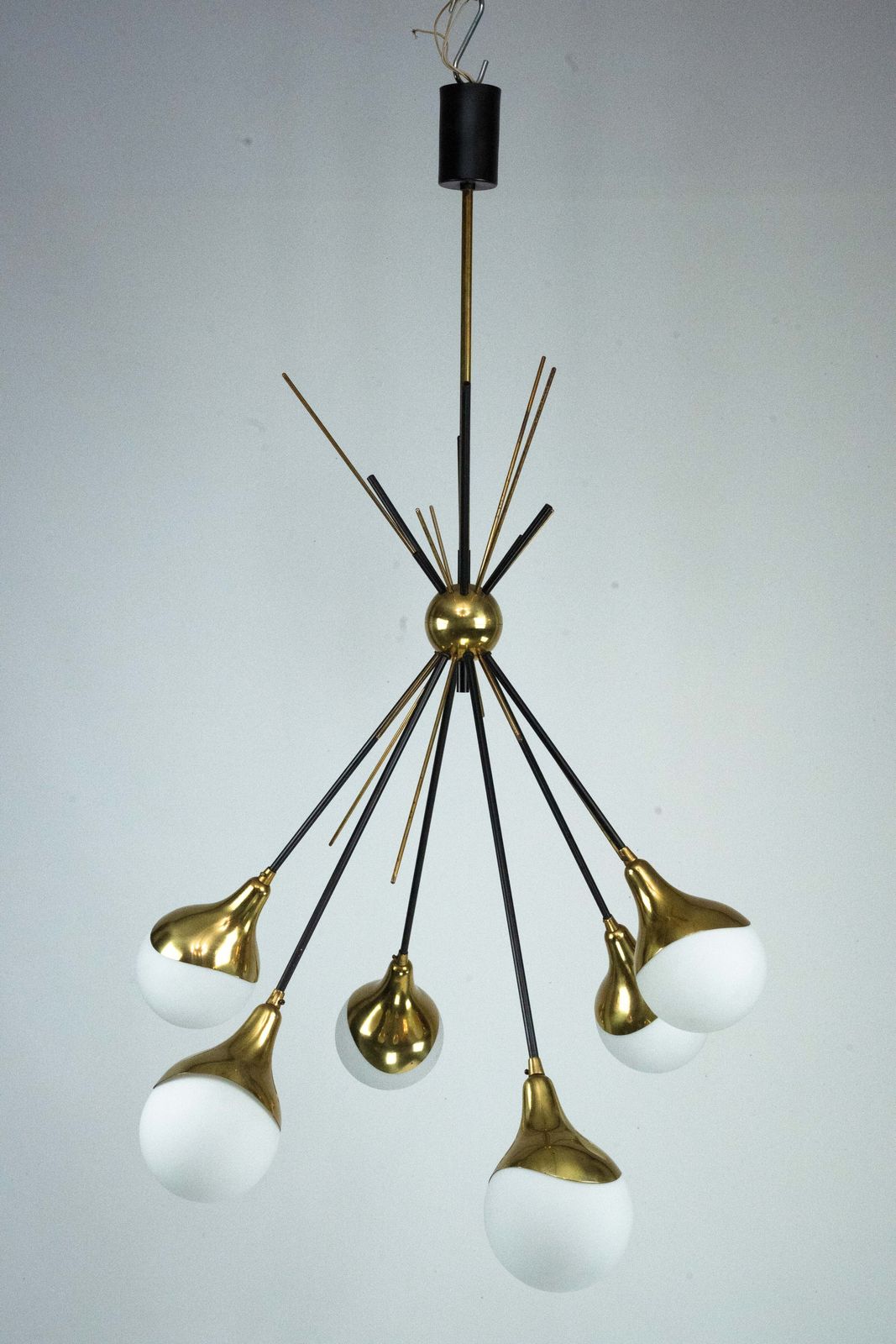 Mid Century Italian 6 Arm Stilnovo Brass And Opaline Glass Chandelier, 1950s photo furniture