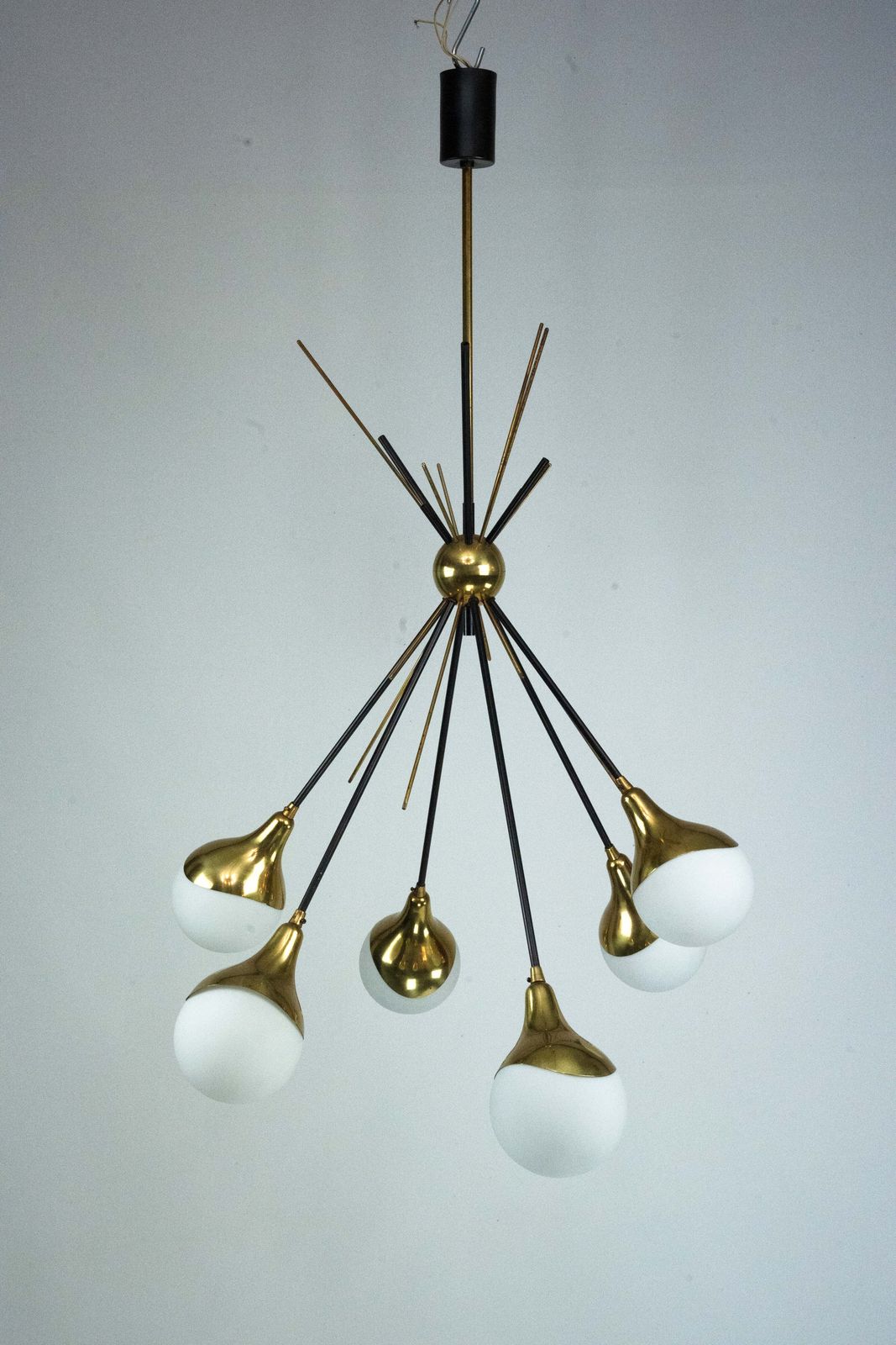 Mid Century Italian 6 Arm Stilnovo Brass And Opaline Glass Chandelier, 1950s photo Lighting
