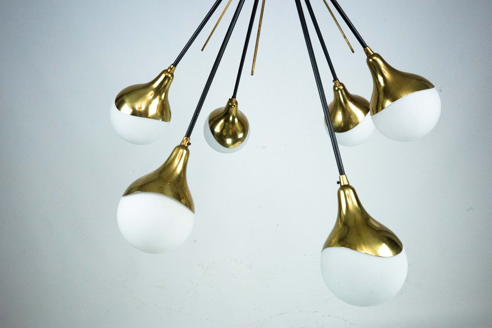 Mid Century Italian 6 Arm Stilnovo Brass And Opaline Glass Chandelier, 1950s photo buy