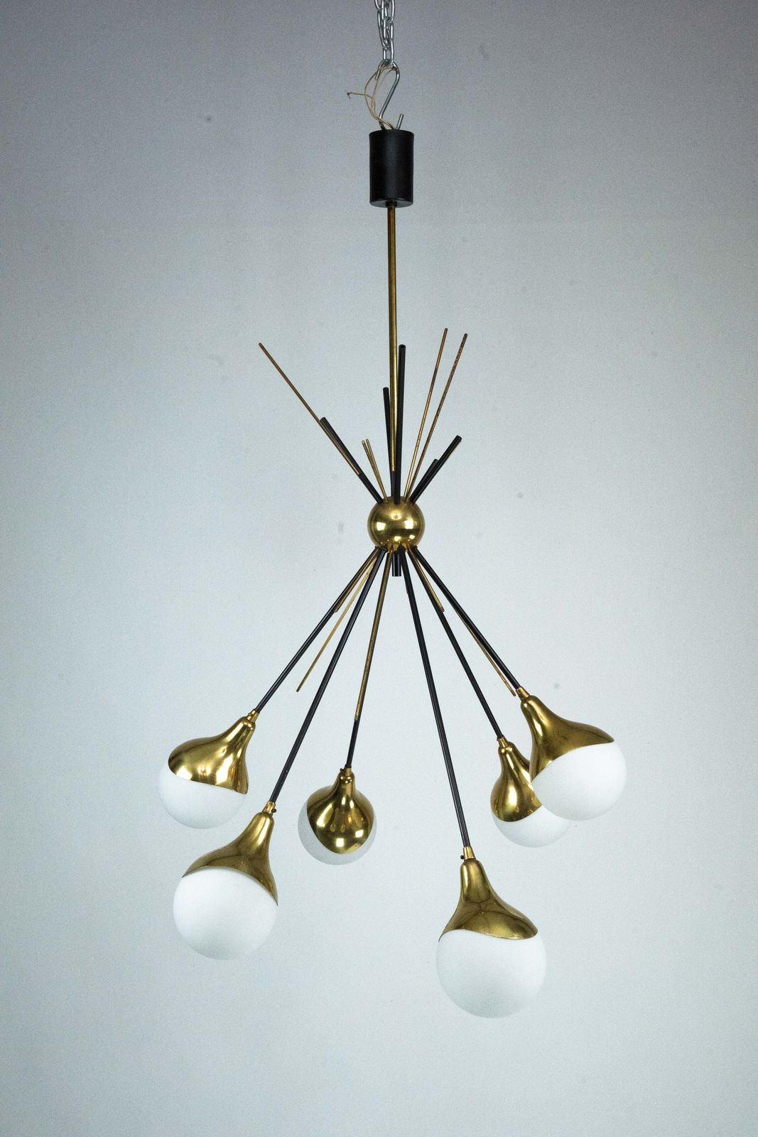 photo for sale Mid Century Italian 6 Arm Stilnovo Brass And Opaline Glass Chandelier, 1950s