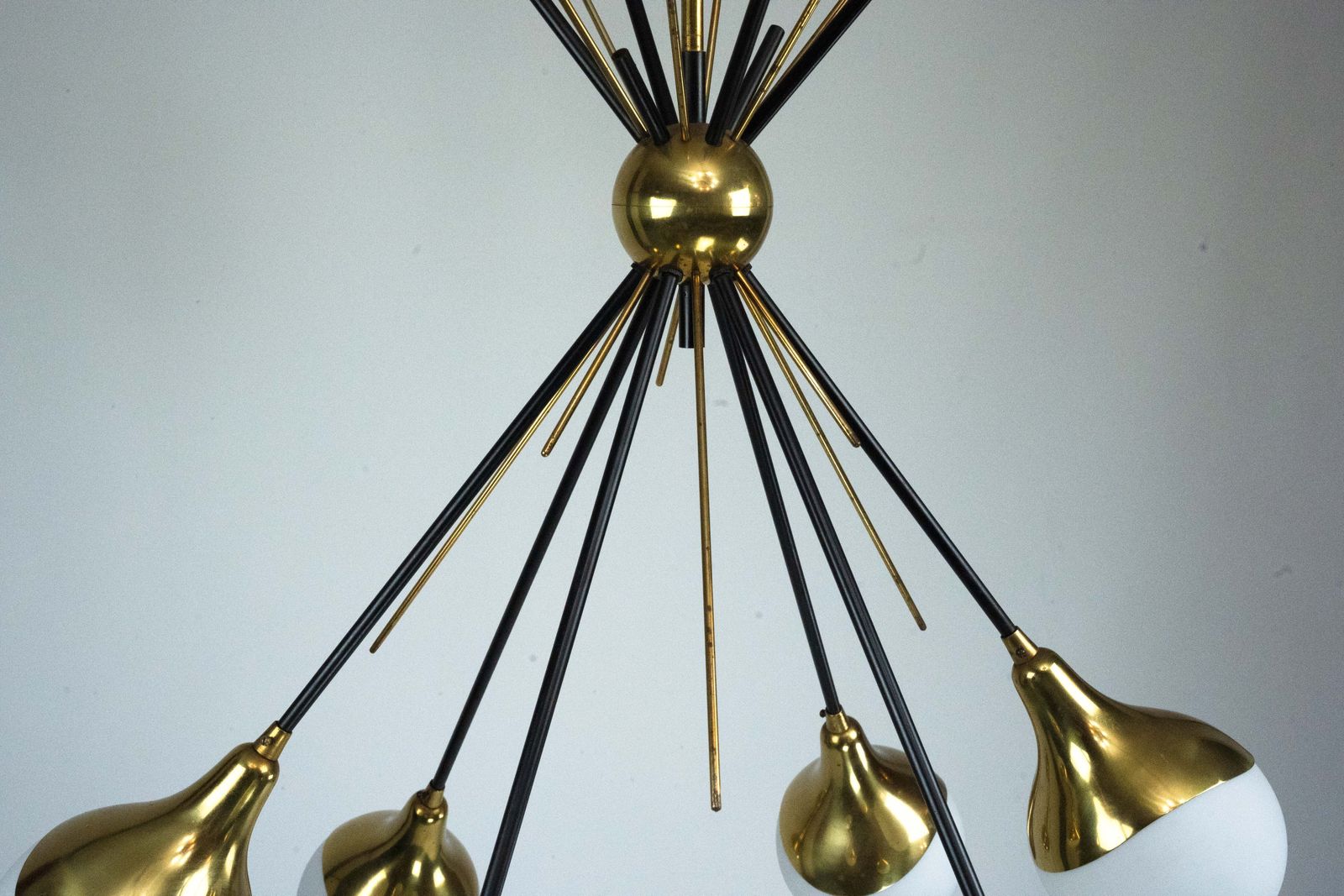 8450.0 Mid Century Italian 6 Arm Stilnovo Brass And Opaline Glass Chandelier, 1950s photo