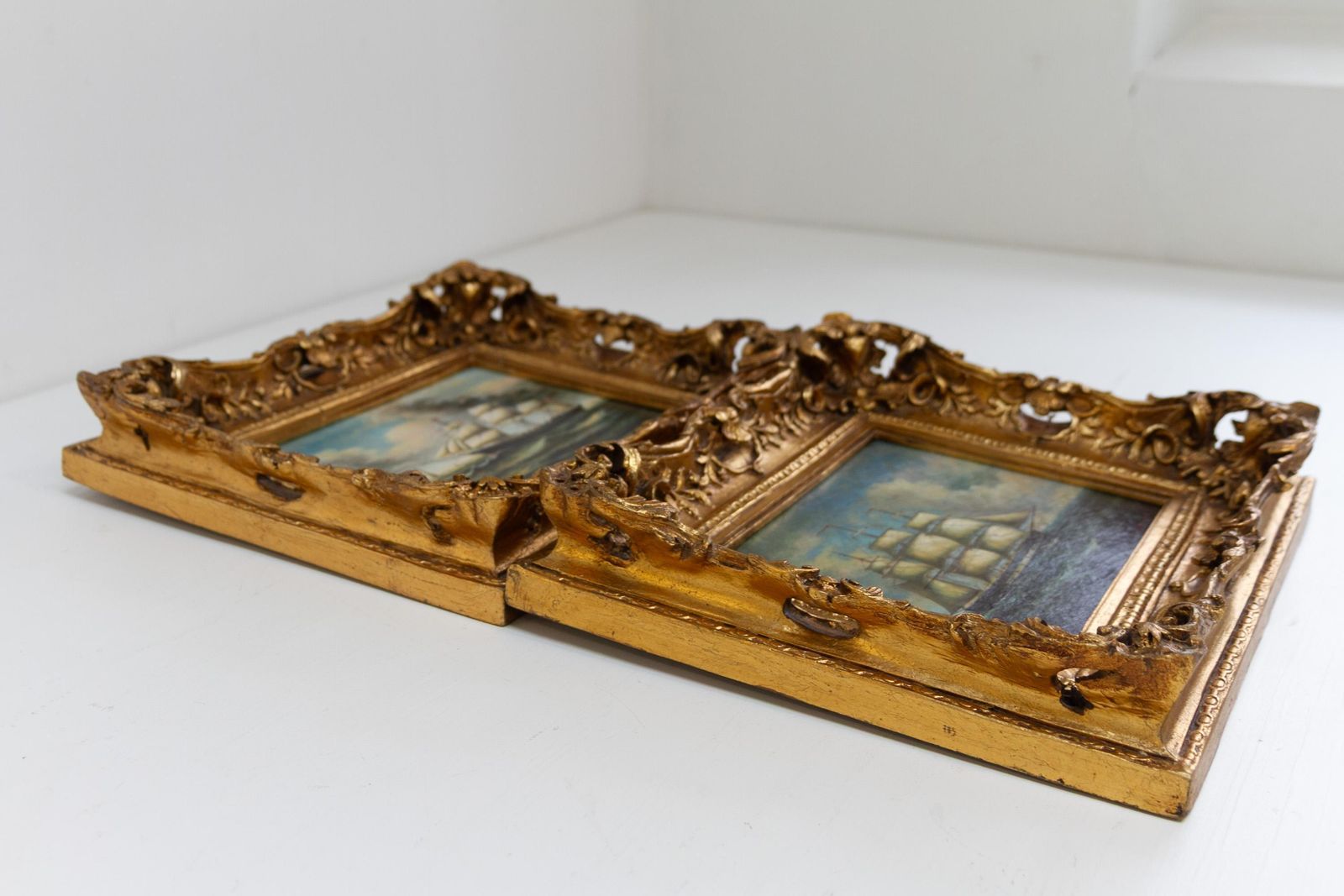Marine Oil Paintings Of Sail Ships In Gilded Frame, 20th Century. Set Of 2. photo 1222.0