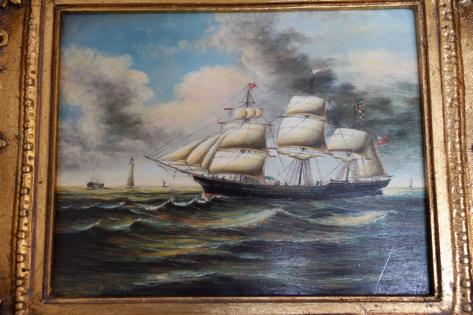 Marine Oil Paintings Of Sail Ships In Gilded Frame, 20th Century. Set Of 2. photo vintage