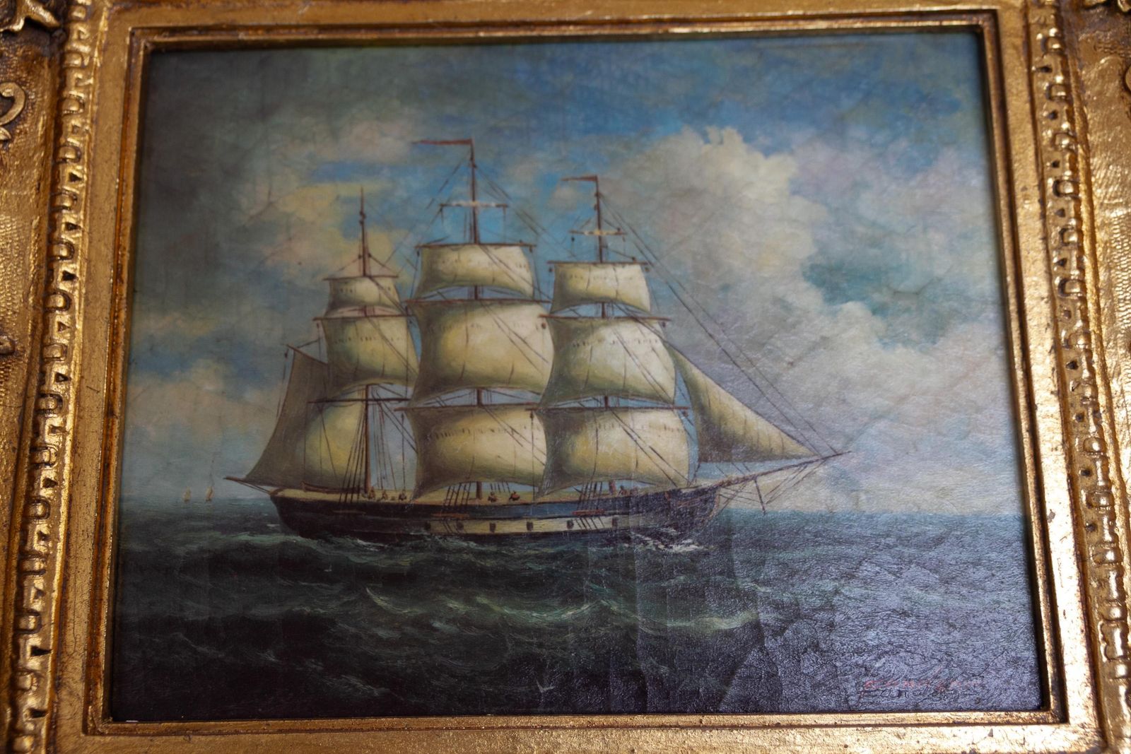 photo for sale Marine Oil Paintings Of Sail Ships In Gilded Frame, 20th Century. Set Of 2.