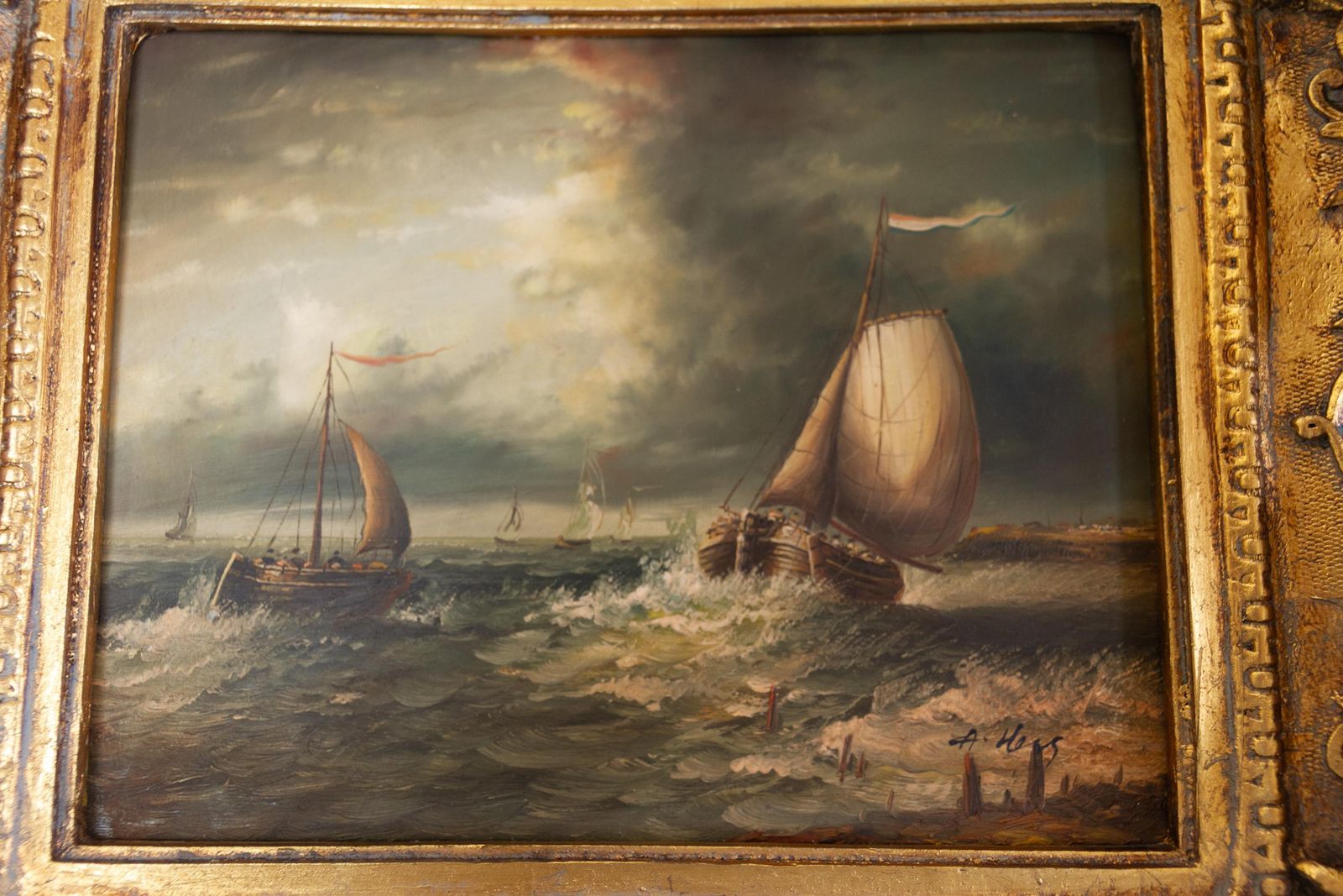 Marine Oil Paintings Of Sail Boats In Gilded Frame, 20th Century. Set Of 2. photo 1246.0