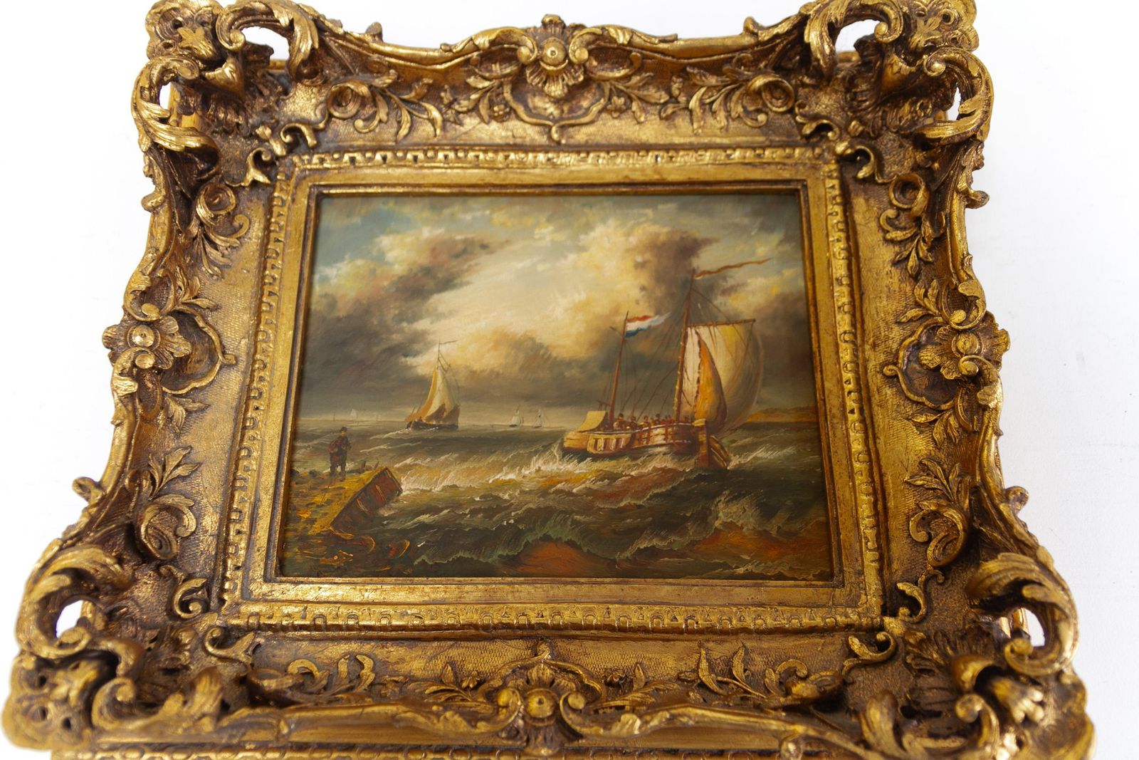 Marine Oil Paintings Of Sail Boats In Gilded Frame, 20th Century. Set Of 2. photo vintage