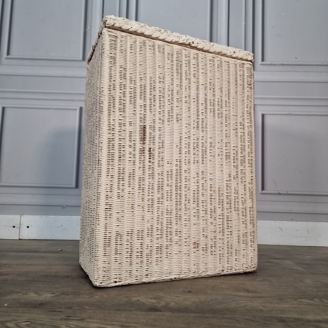 Vintage Wicker Laundry Basket Lloyd Loom Style Lined Storage Blanket Box Retro photo for sale