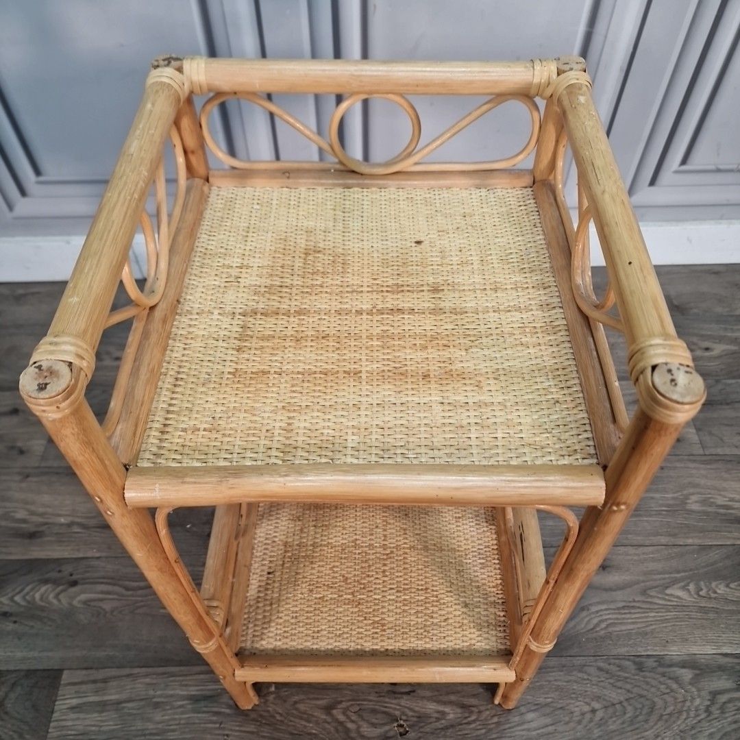 Vintage Rattan Bedside Table Two Tier Wicker Cane Whatnot Shelf Stand Retro photo Furniture
