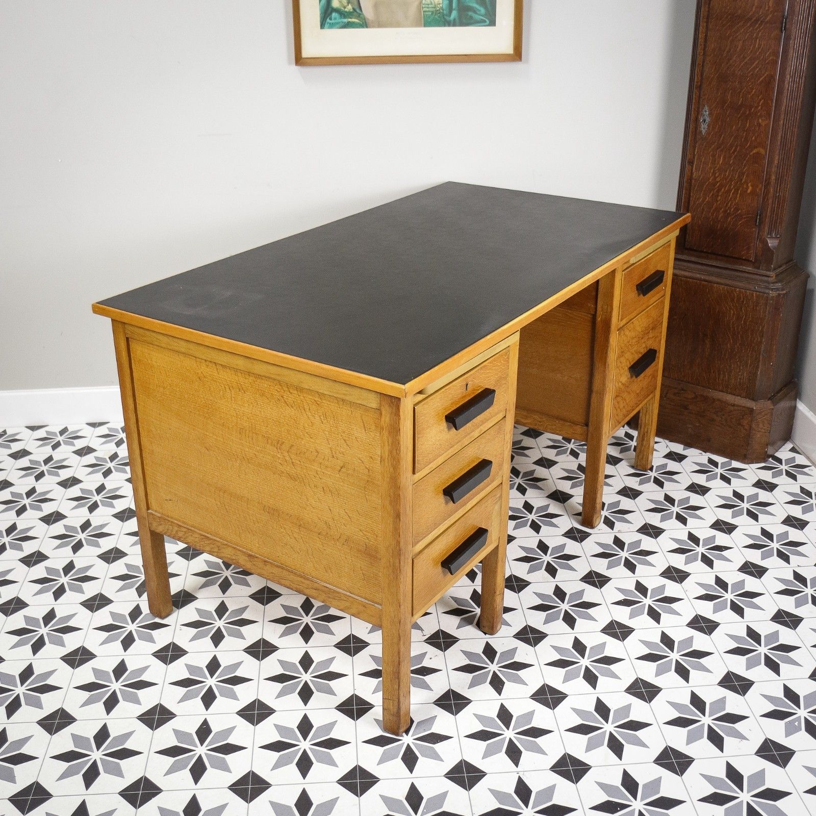 Oak And Oak Faced Mid Century Twin Pedestal Desk With Black Leatherette Top photo vintage