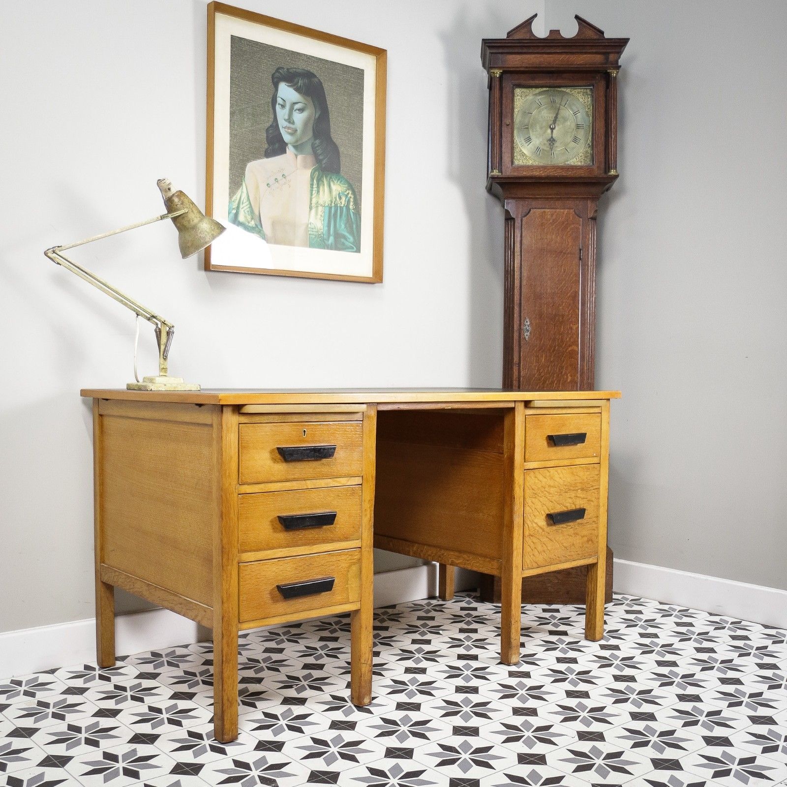 Furniture Oak And Oak Faced Mid Century Twin Pedestal Desk With Black Leatherette Top photo