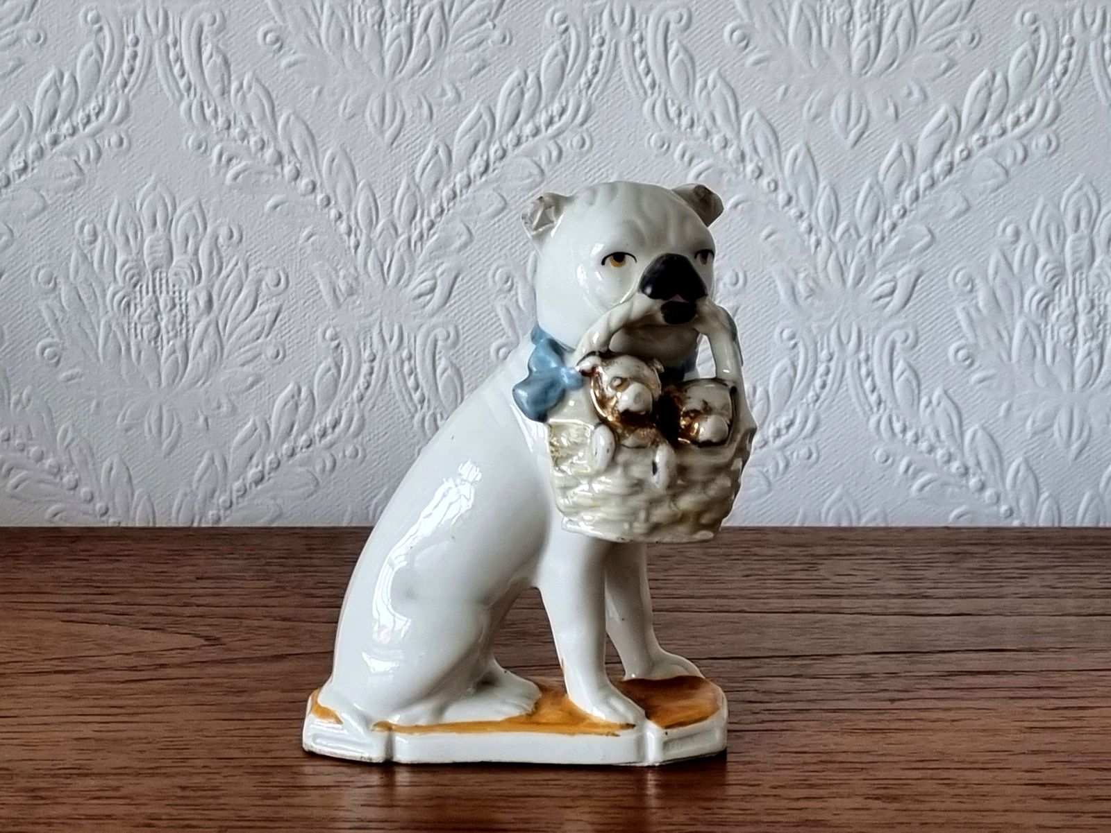 Antique German Porcelain Bulldog Figurine, Signed Germany, White Dog With Basket, Early 20th Century Ceramic Ornament photo furniture
