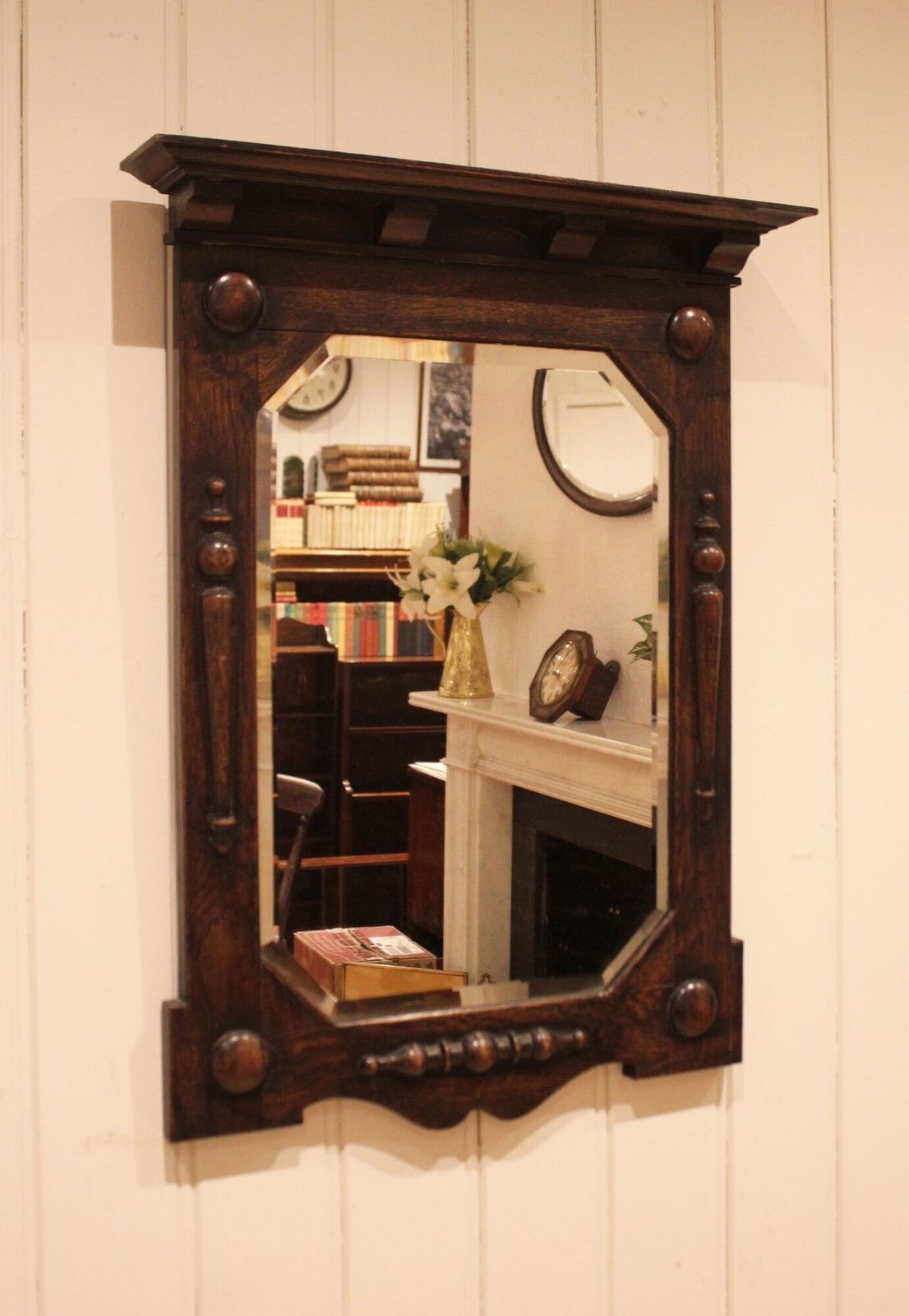 Solid Oak Wall Mirror, 1920s, Vintage photo Home Decor