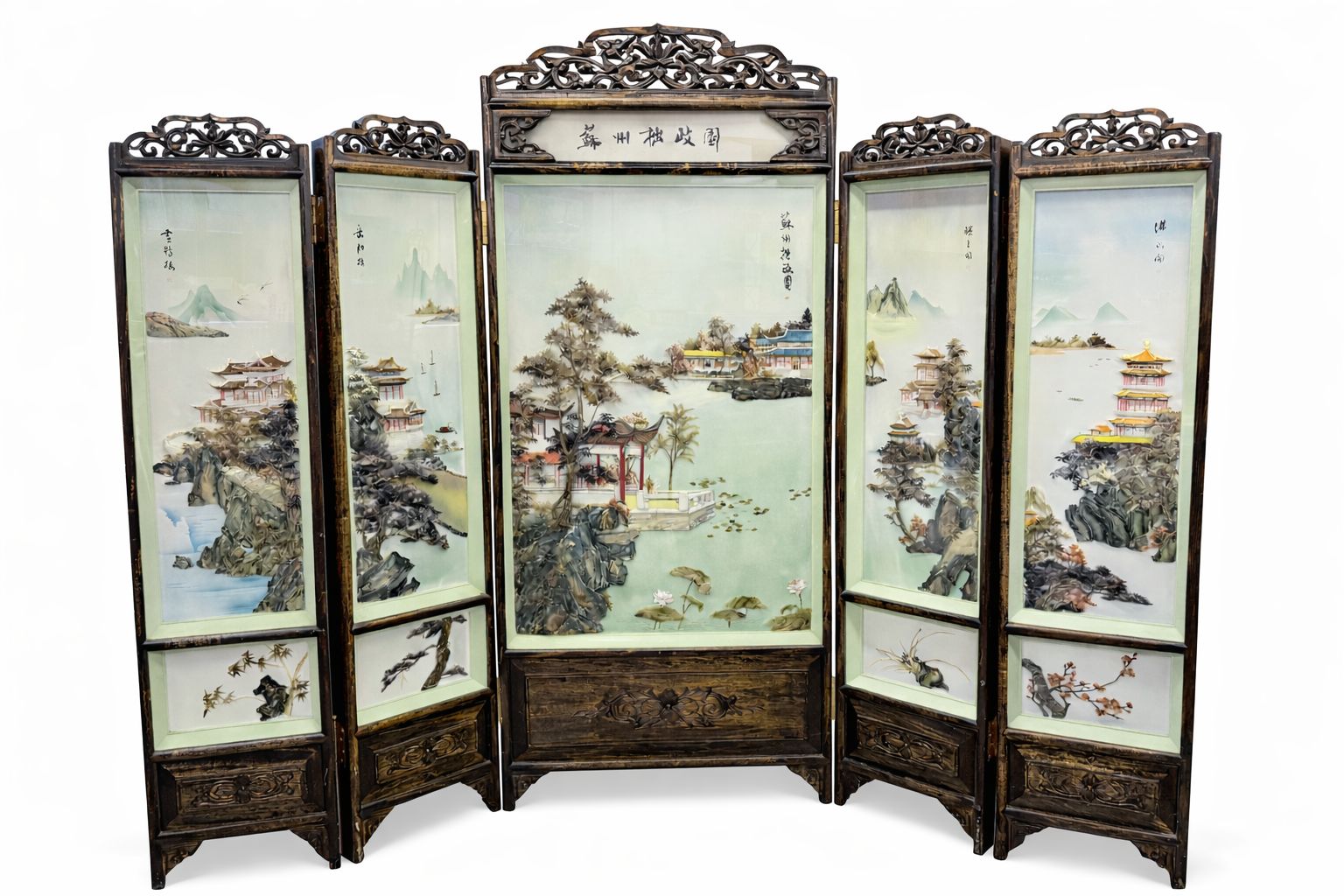 Large Chinese Folding Screen With Mother Of Pearl Inlay | Carved Hardwood | Five Panel Room Divider