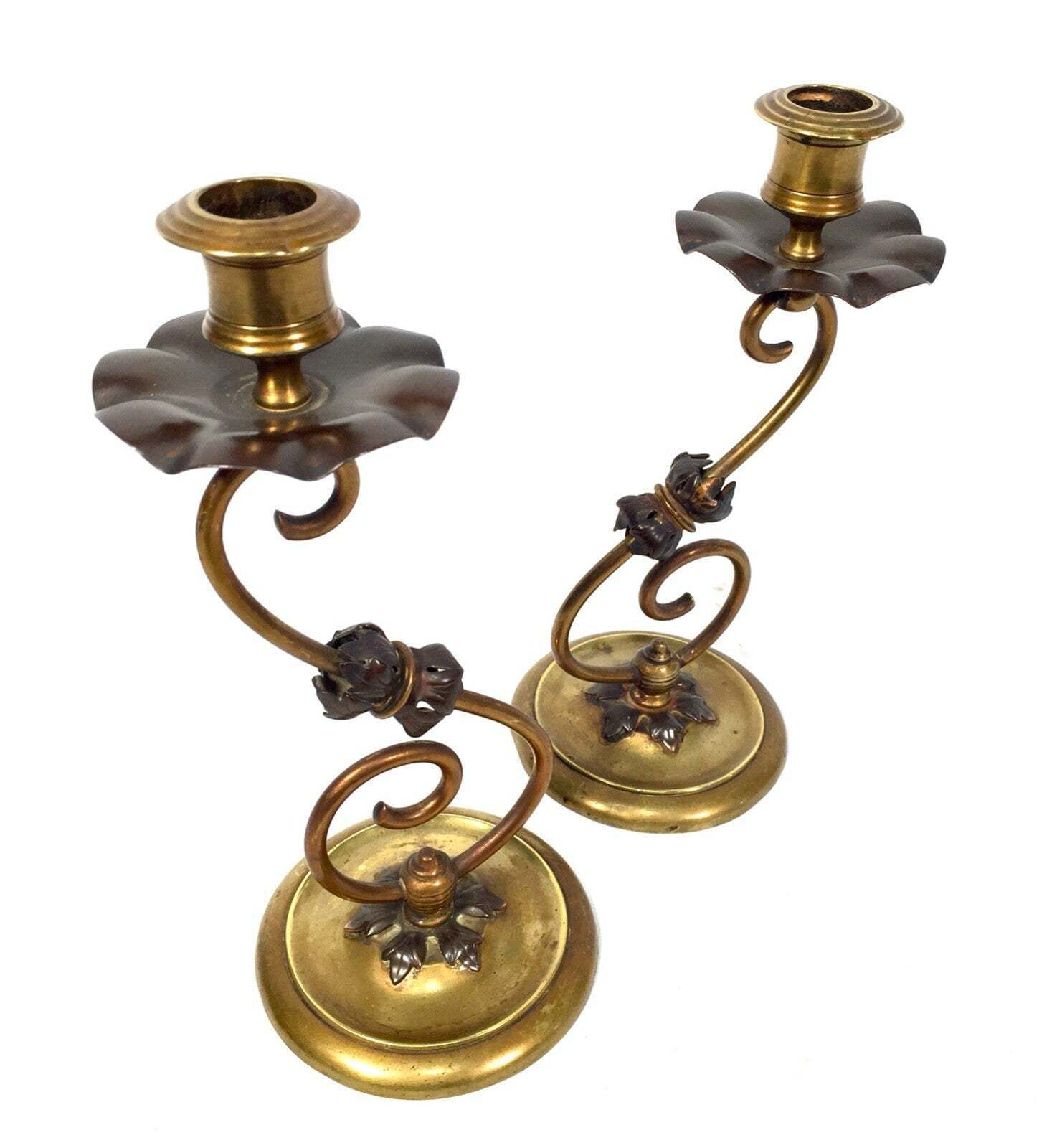 Antique Pair Of Brass & Copper Candle Stick Holders Art Nouveau 20th Century photo furniture