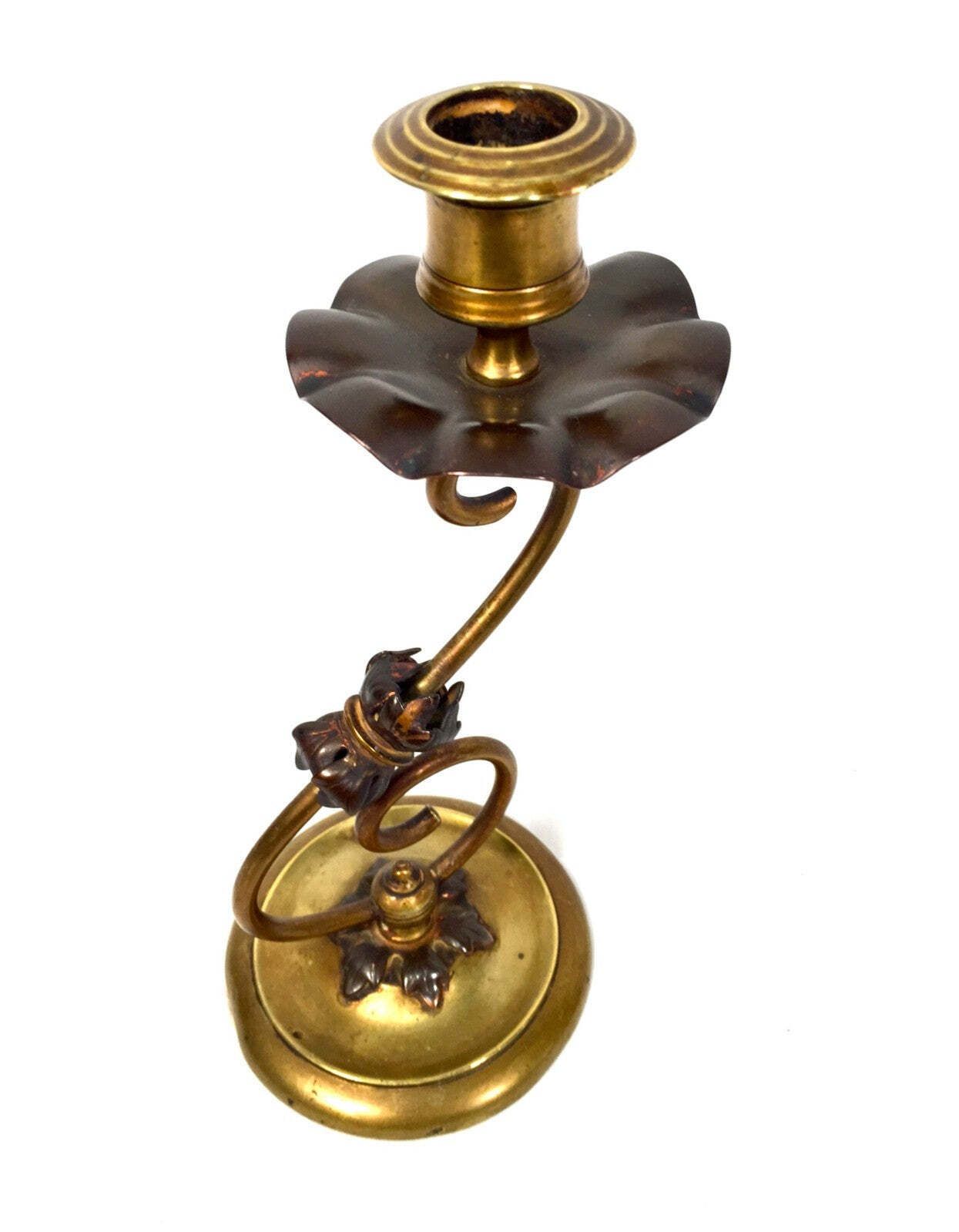 Antique Pair Of Brass & Copper Candle Stick Holders Art Nouveau 20th Century photo Home Decor