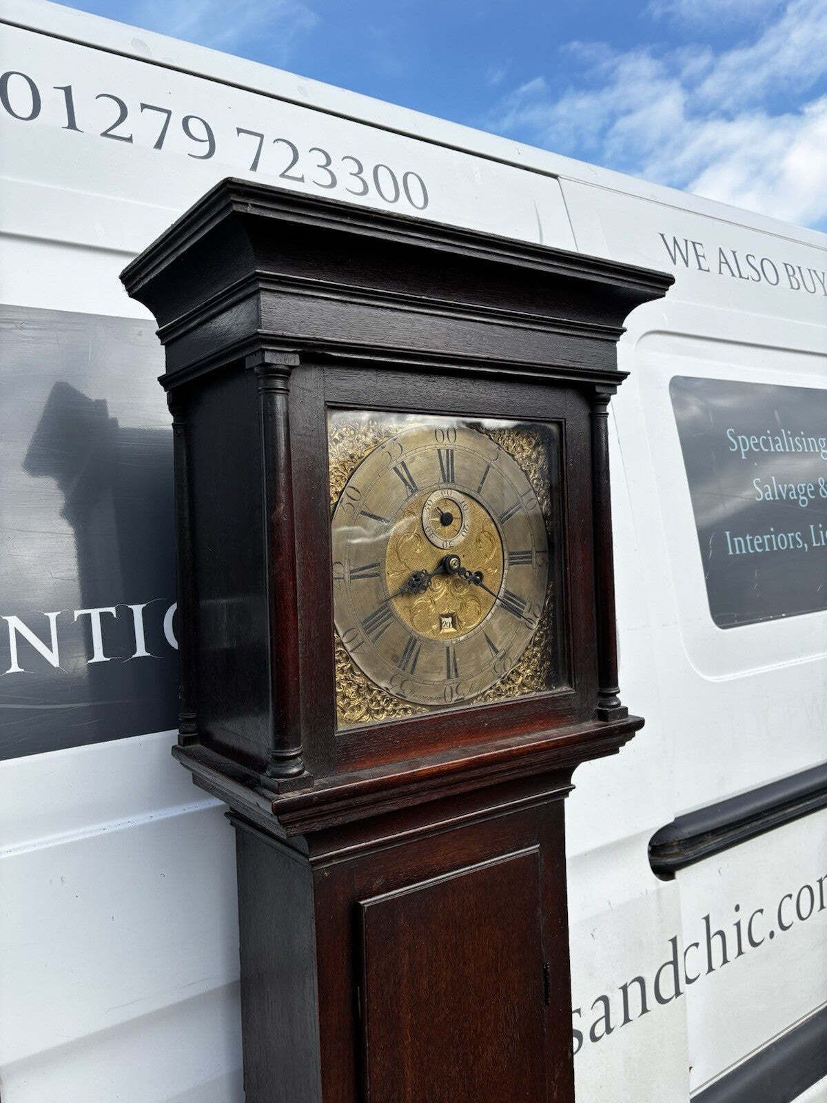 photo for sale 8 Day Longcase Clock, Stevenson Of Stafford. Brass Face.
