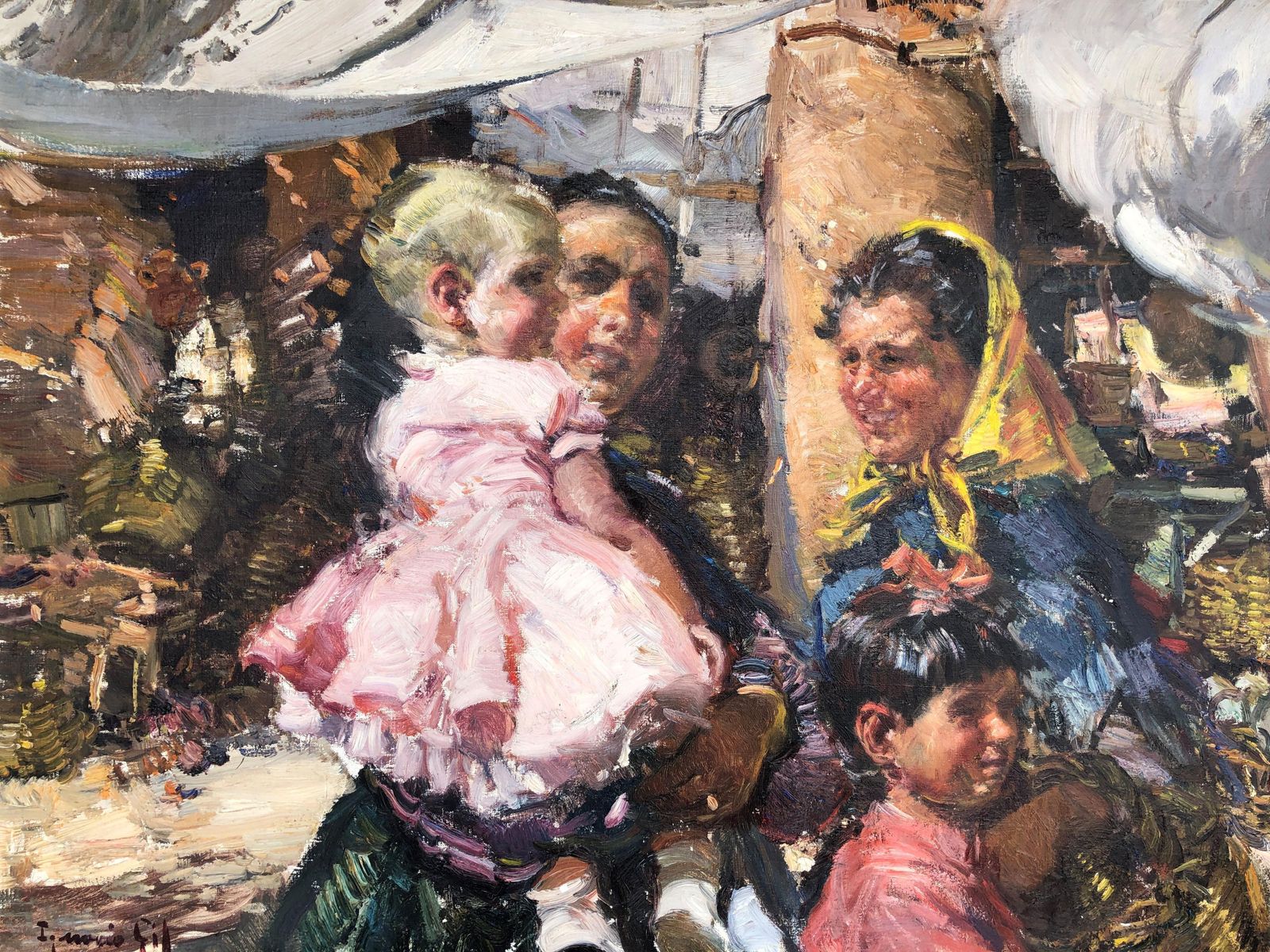photo furniture Ignacio Gil Sala Ibiza Market Scene, 1960s – Large Spanish Mediterranean Oil 1960s