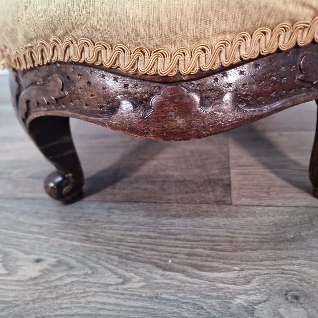 Furniture Antique Oval Footstool Carved Wood Cabriole Legs Low Ottoman French Louis Style photo