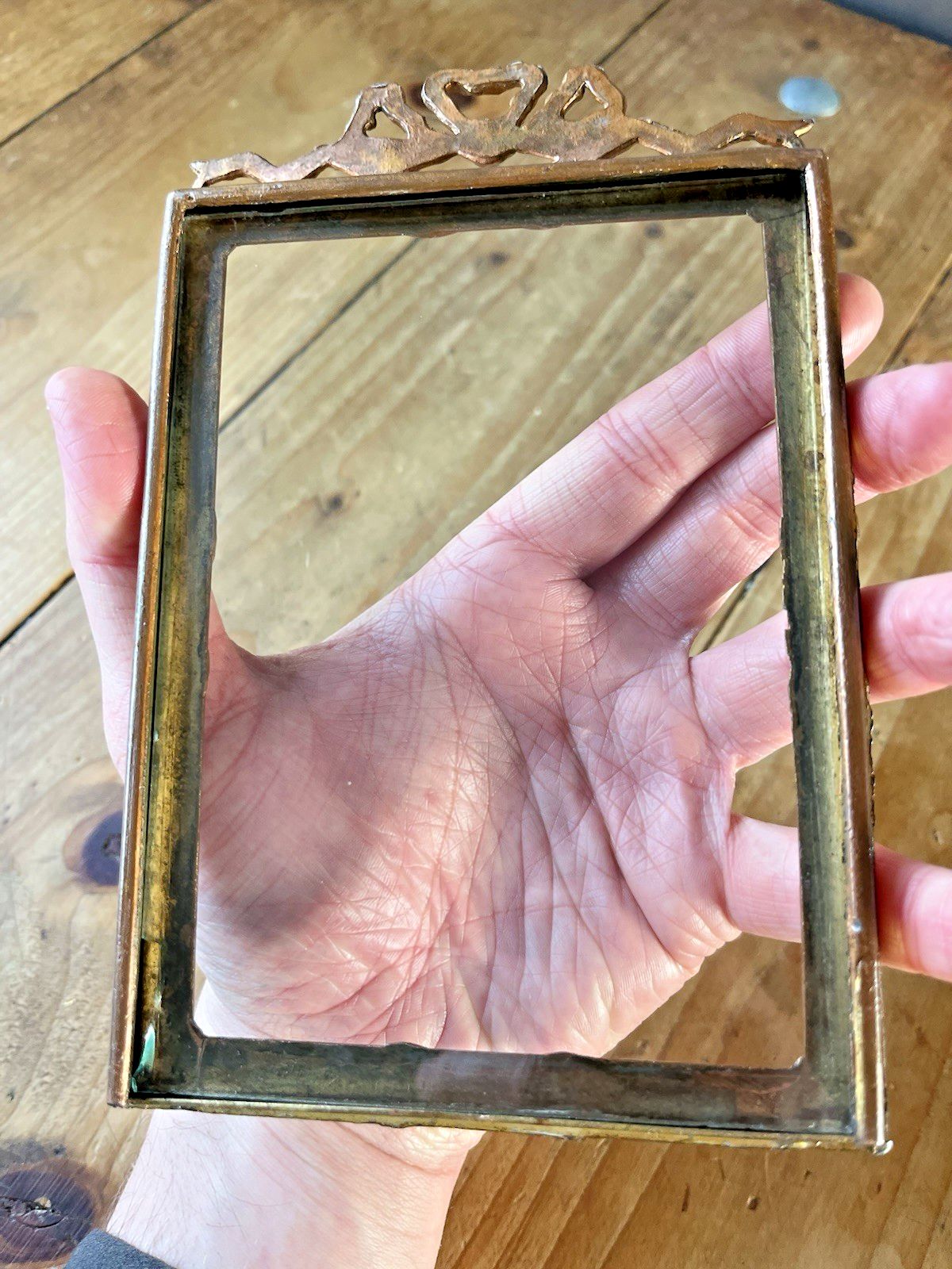 Antique French Regency Ribbon Reeded Copper Glass Easel Photo Picture Frame 19th photo Home Decor
