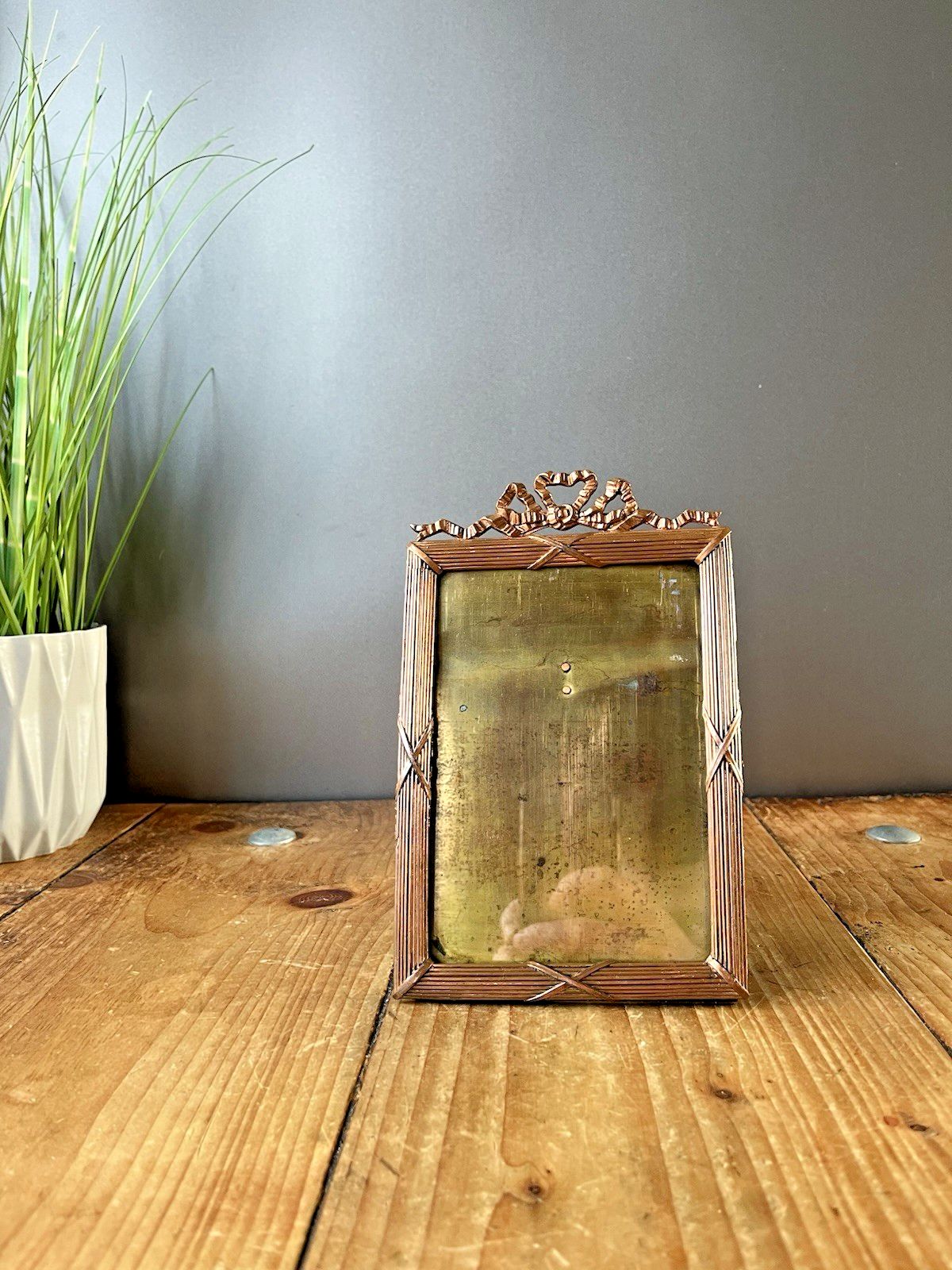 photo for sale Antique French Regency Ribbon Reeded Copper Glass Easel Photo Picture Frame 19th