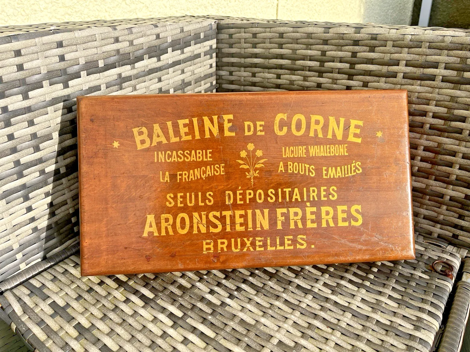 Superb Antique C1900 Belgian Wooden Whalebone Corset Storage Box Gold Writing photo furniture