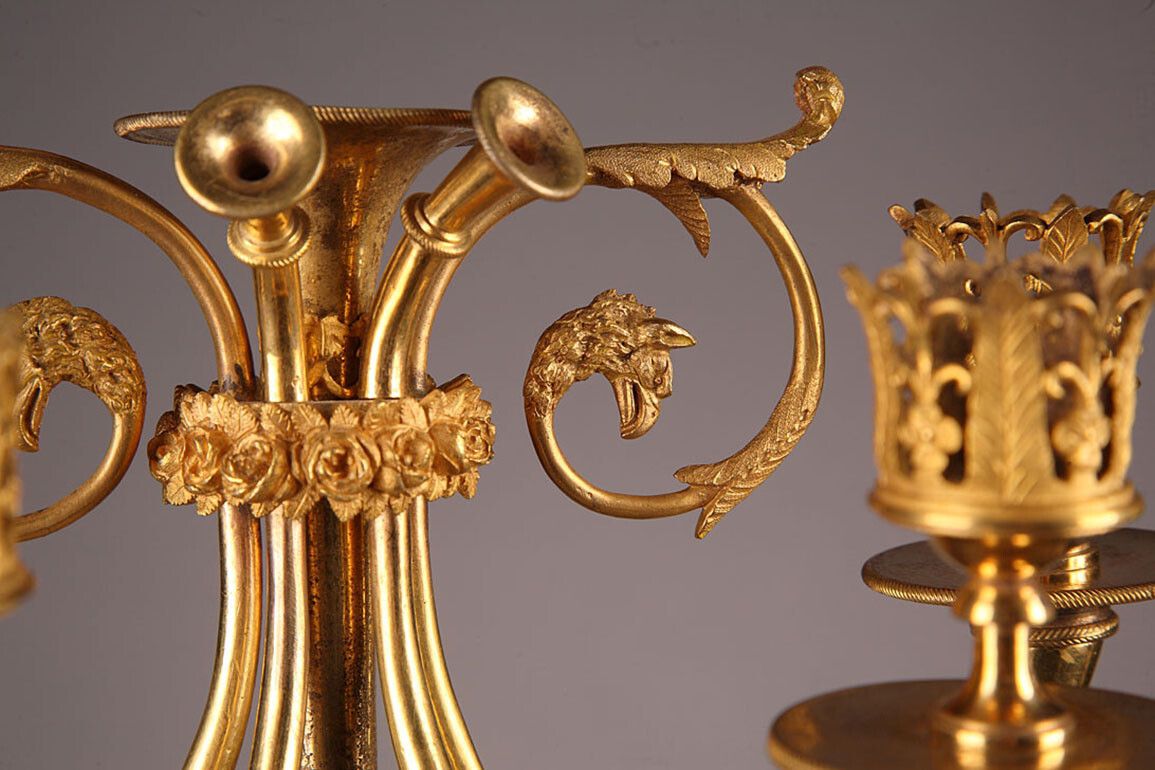 photo for sale Pair Of Directory Period Candelabra With Swans And Winged Women