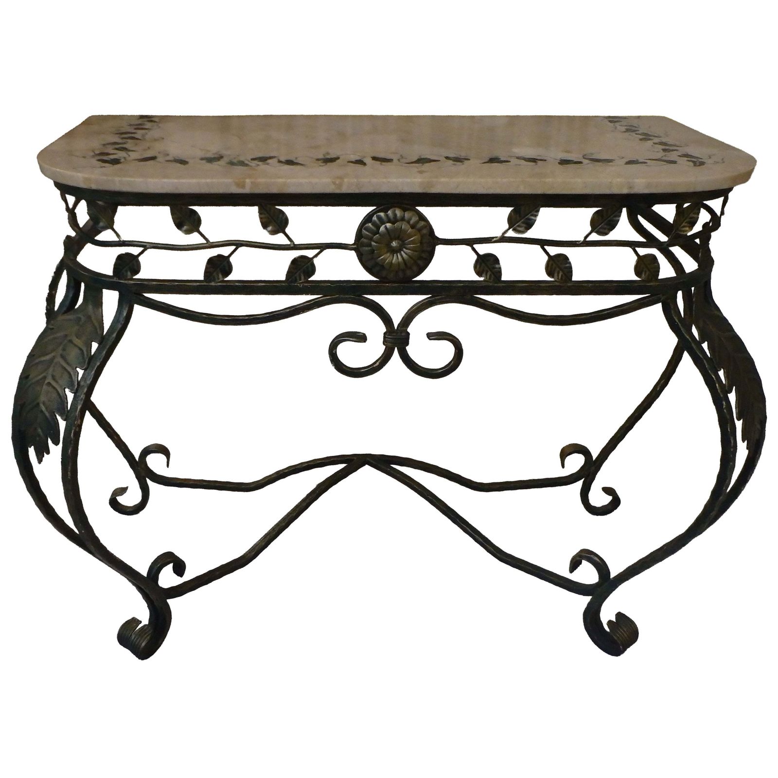 1940s Art Deco Wrought Iron Green Gold Console, Marble Top With Ivy Inlay