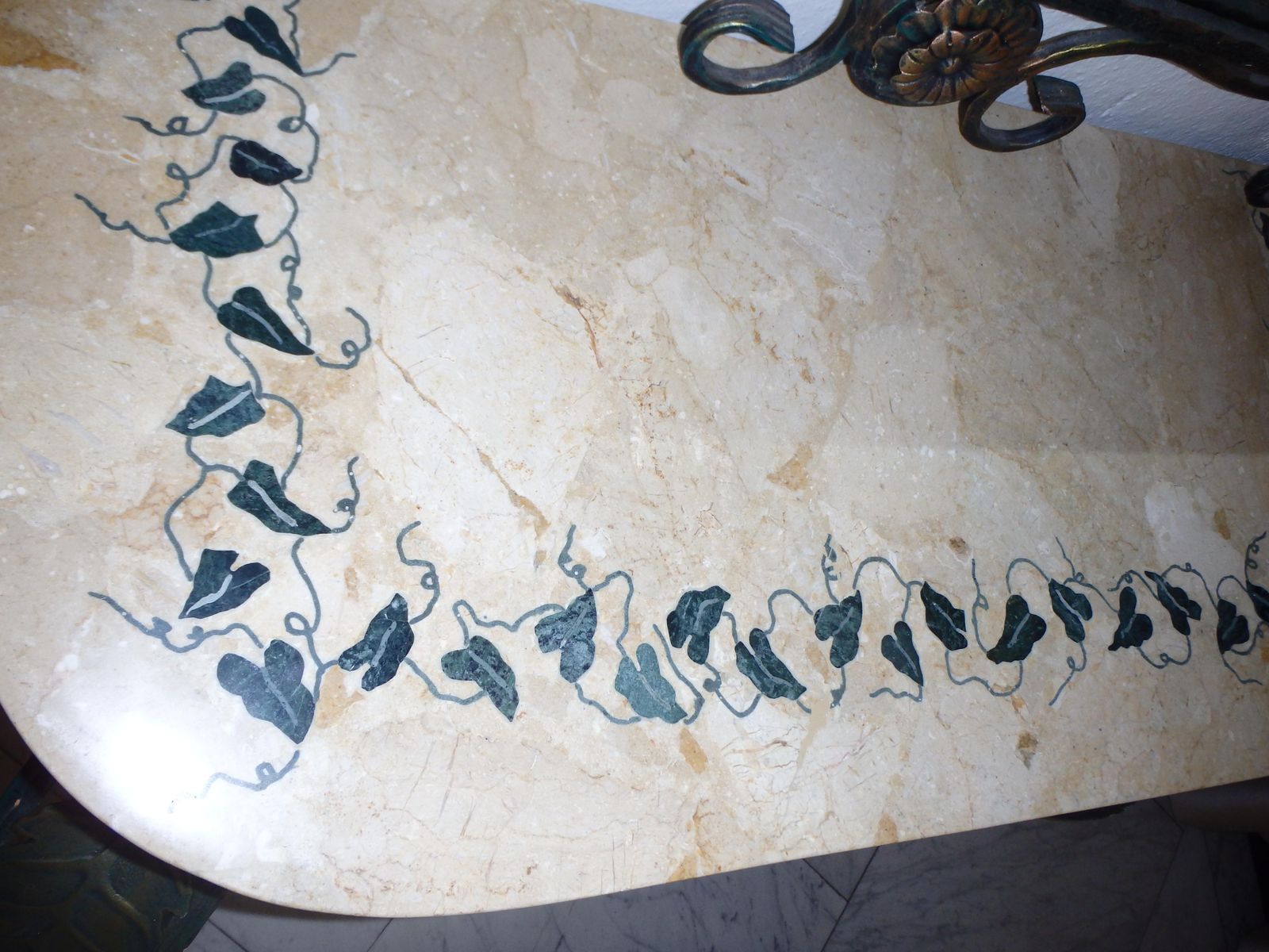 1940s Art Deco Wrought Iron Green Gold Console, Marble Top With Ivy Inlay photo for sale