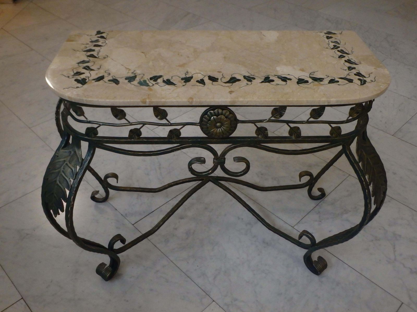 photo for sale 1940s Art Deco Wrought Iron Green Gold Console, Marble Top With Ivy Inlay