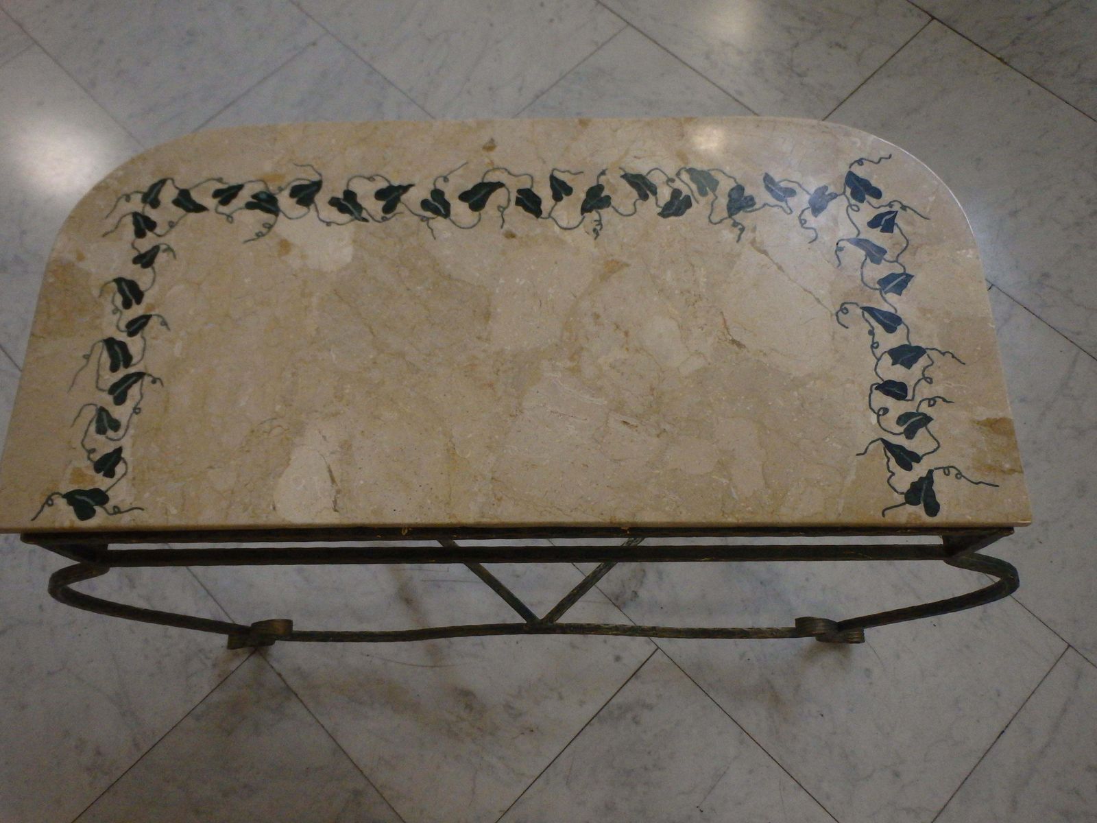 2697.0 1940s Art Deco Wrought Iron Green Gold Console, Marble Top With Ivy Inlay photo