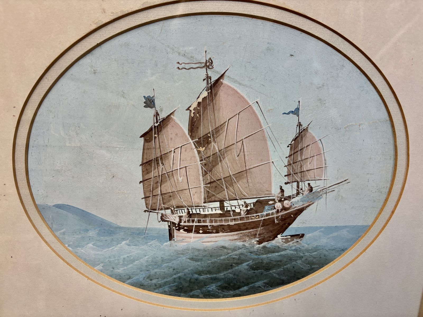 Pair Of 19th Century Chinese Gouache Junk Boats