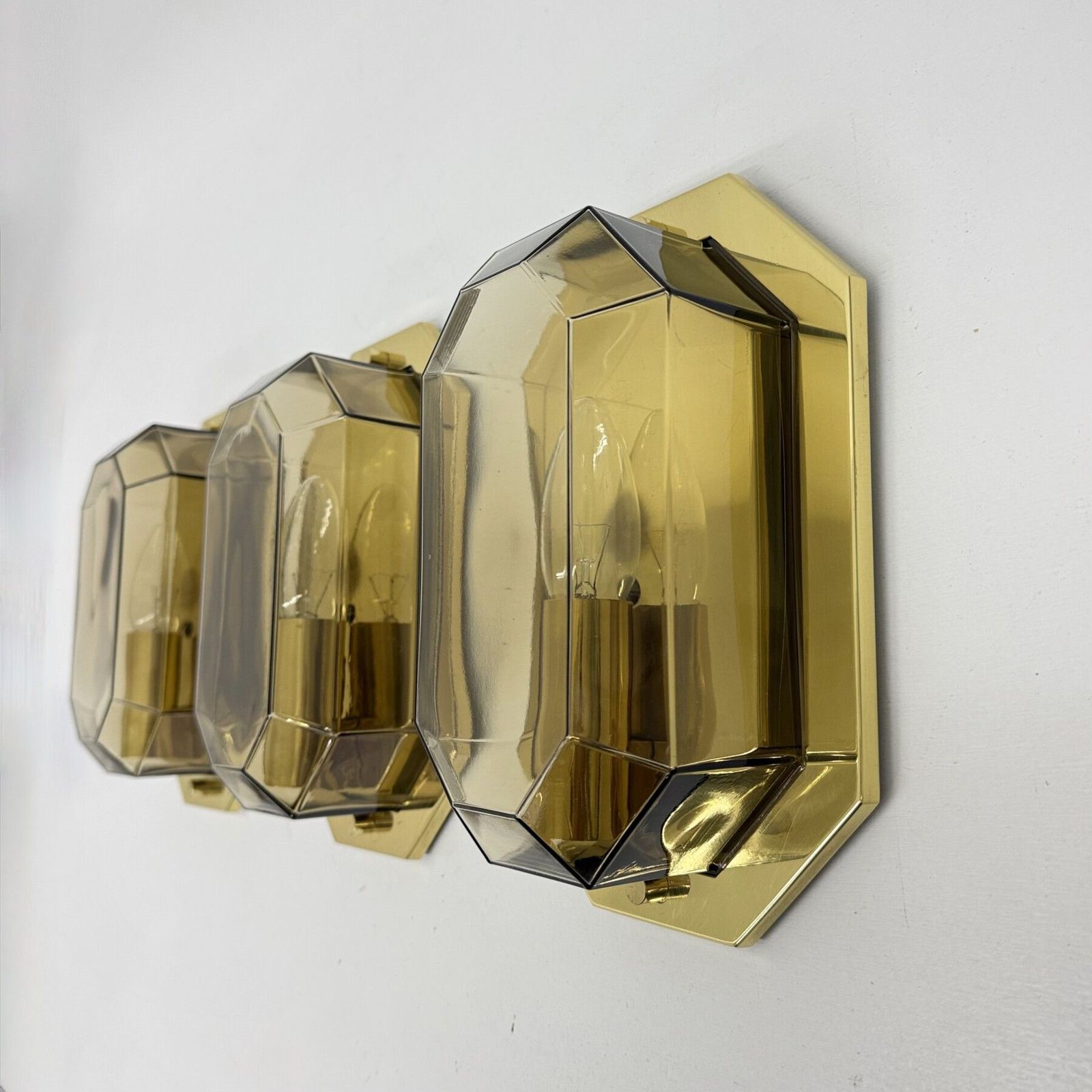 Set Of 3 Limburg Glashütte Smoked Glass And Brass Wall Lamps Sconce , 1970s photo buy