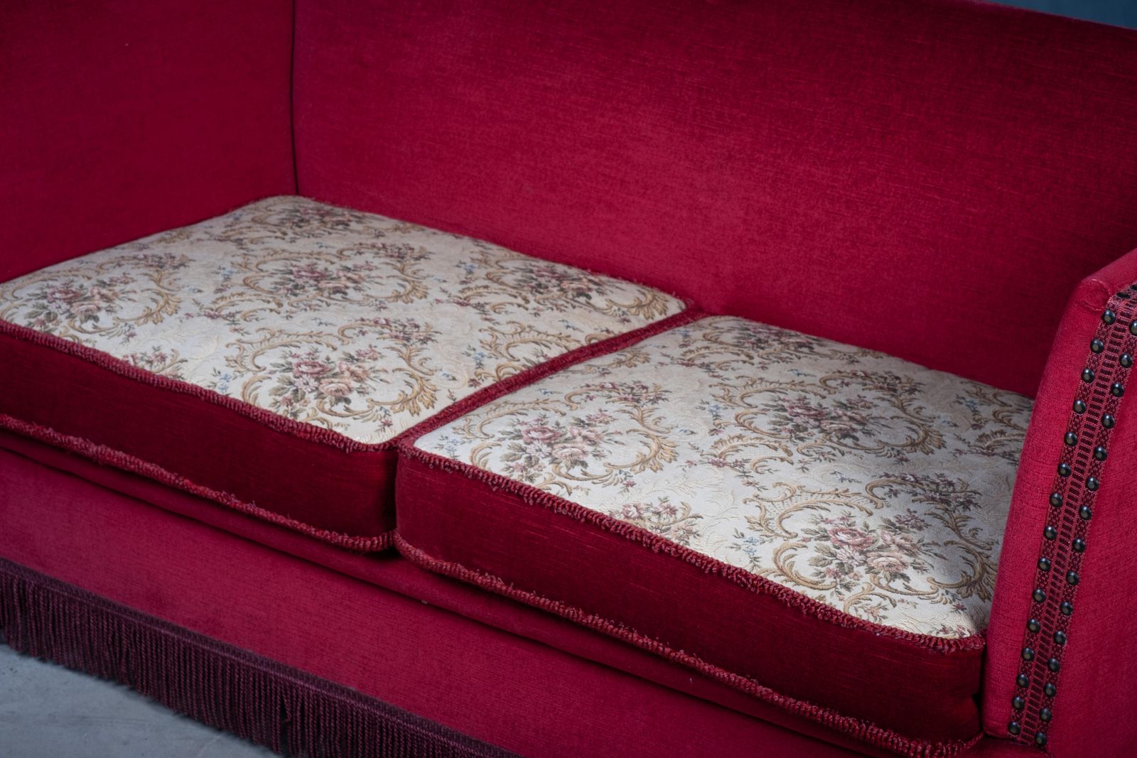 Vintage Red Velvet Knole Sofa With Floral Cushions, 1950s photo vinterior