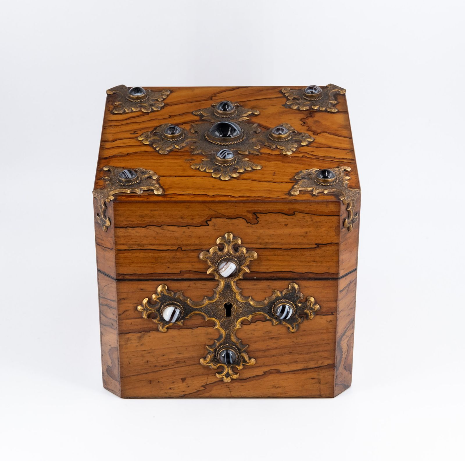 Gothic Revival Olive Wood With Banded Agate Cabochons Jewellery Casket Box Circa 1880