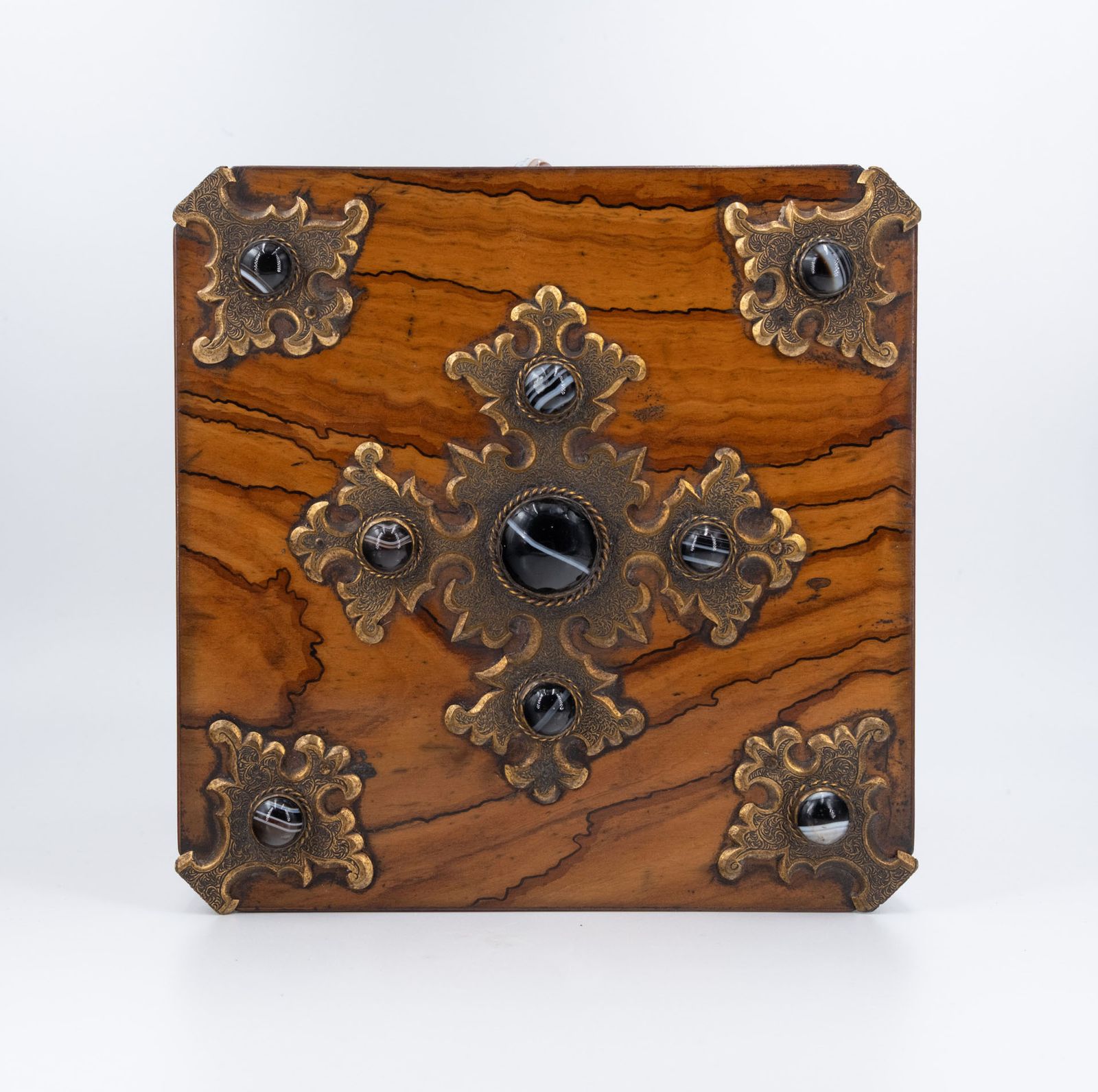 Gothic Revival Olive Wood With Banded Agate Cabochons Jewellery Casket Box Circa 1880 photo furniture