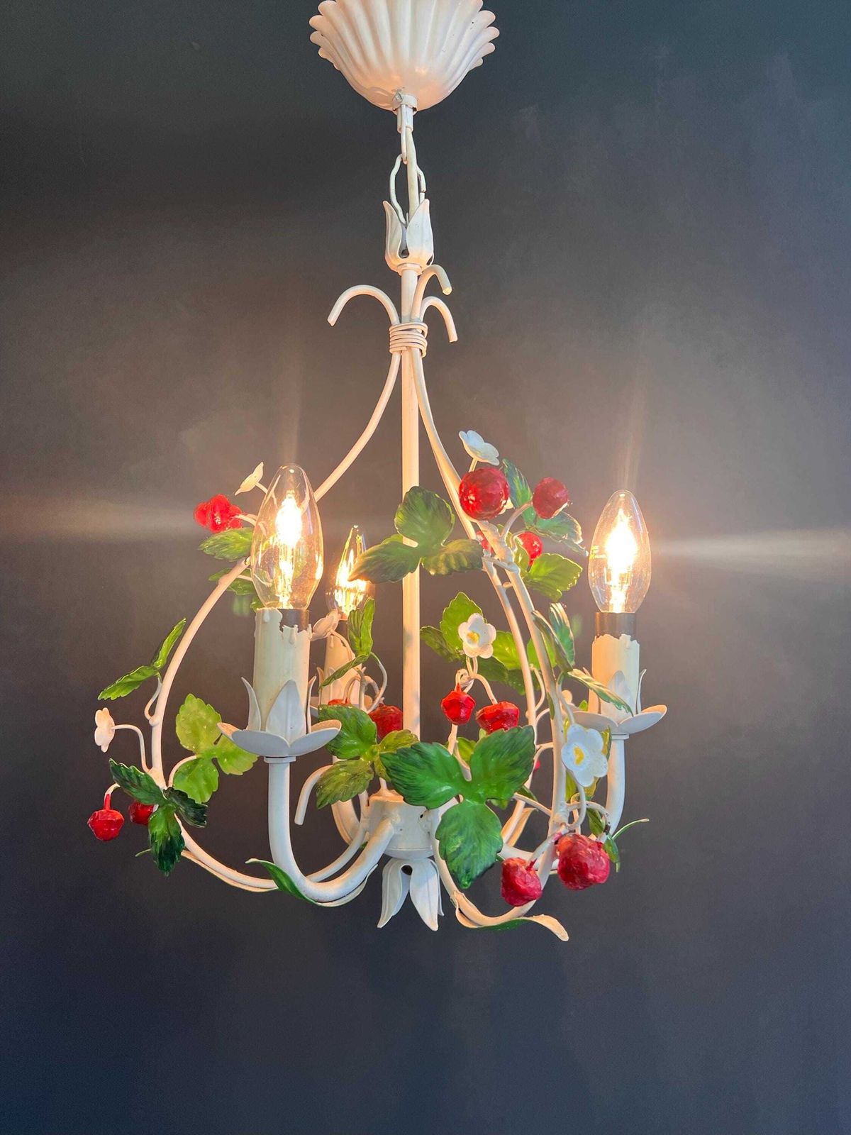 Vintage Italian Toleware Strawberry Chandelier   1950s Florentine Floral Light photo furniture