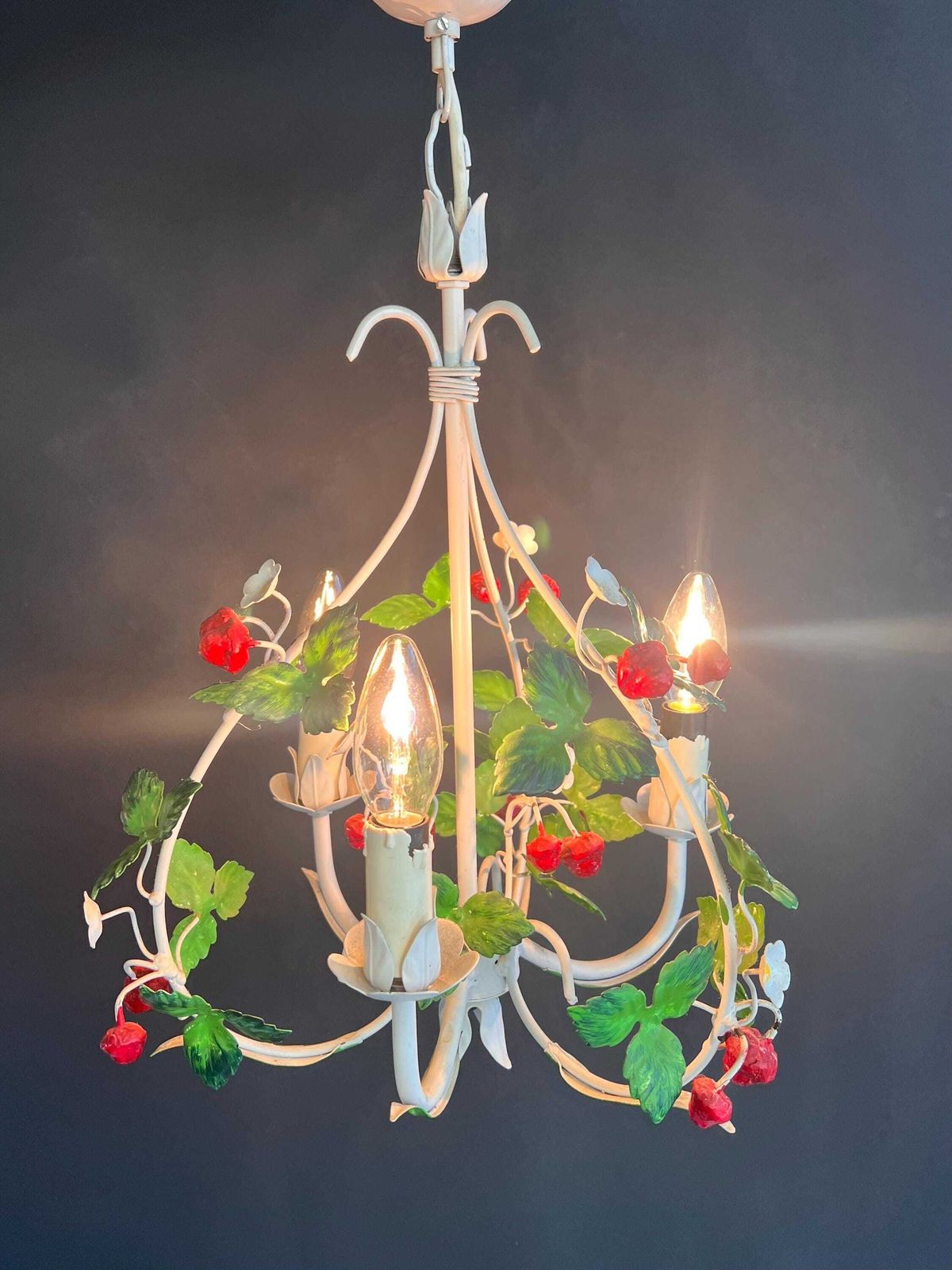 Vintage Italian Toleware Strawberry Chandelier   1950s Florentine Floral Light photo for sale
