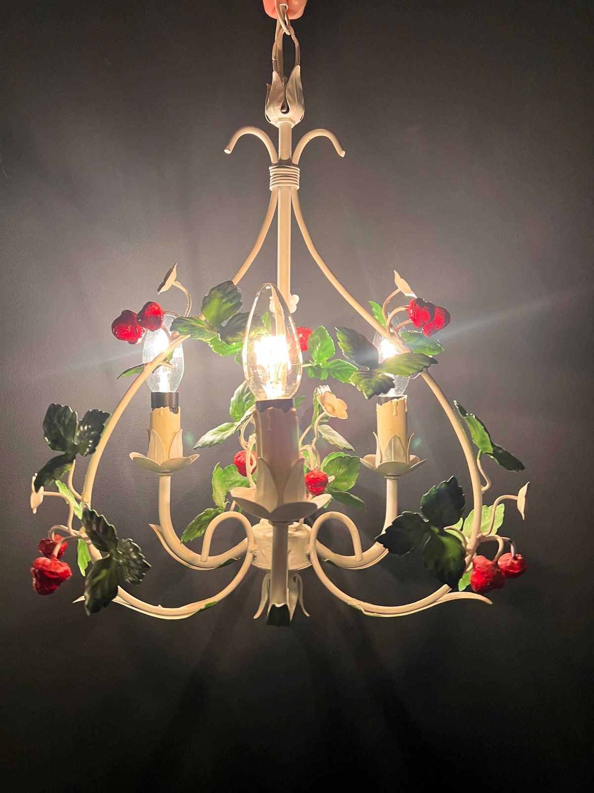 Vintage Italian Toleware Strawberry Chandelier   1950s Florentine Floral Light photo vinterior