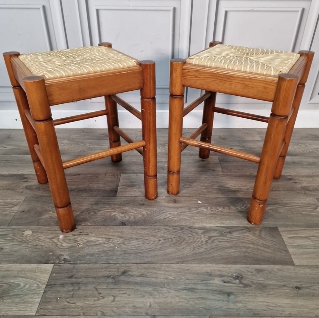 Vintage Pair Wooden Stools Rush Seats Faux Bamboo Mid Century Retro