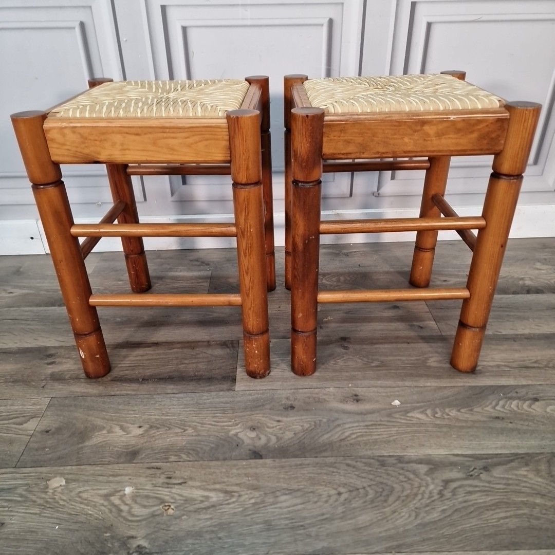 photo buy Vintage Pair Wooden Stools Rush Seats Faux Bamboo Mid Century Retro