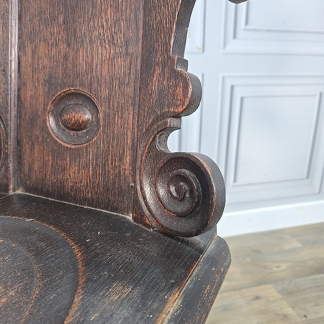 photo buy Antique Hall Chair Gothic Revival – Carved Solid Oak Heraldic Crest Entrance
