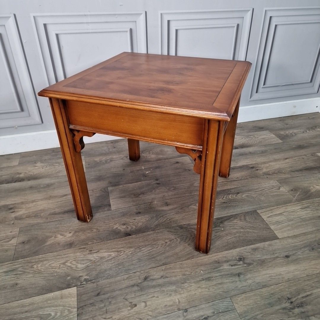 Vintage Wooden Side Table – Parquet Inlaid Top – Square Lamp Coffee Retro photo Furniture