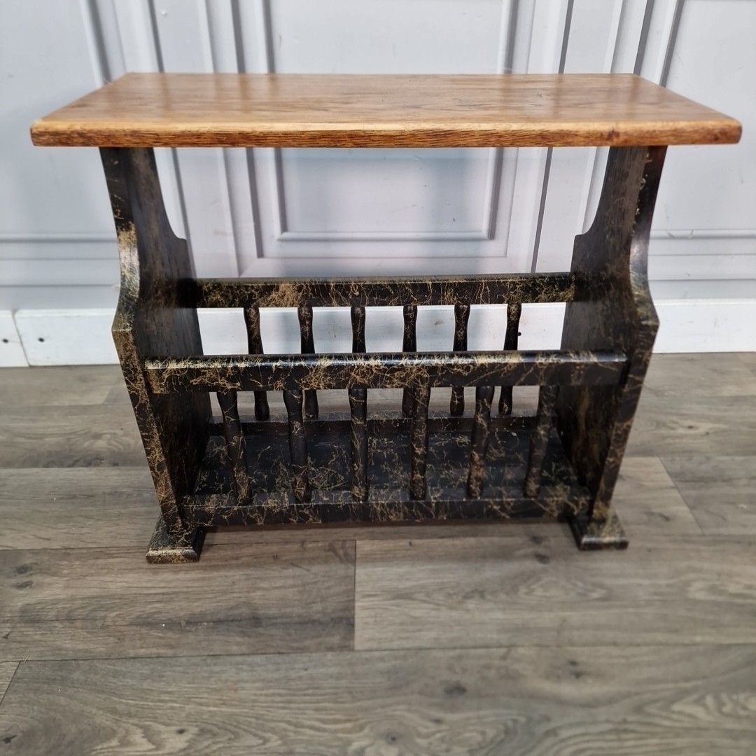 photo furniture Vintage Magazine Rack Side Table – Veined Paint Marble Effect – Mid Century Wood