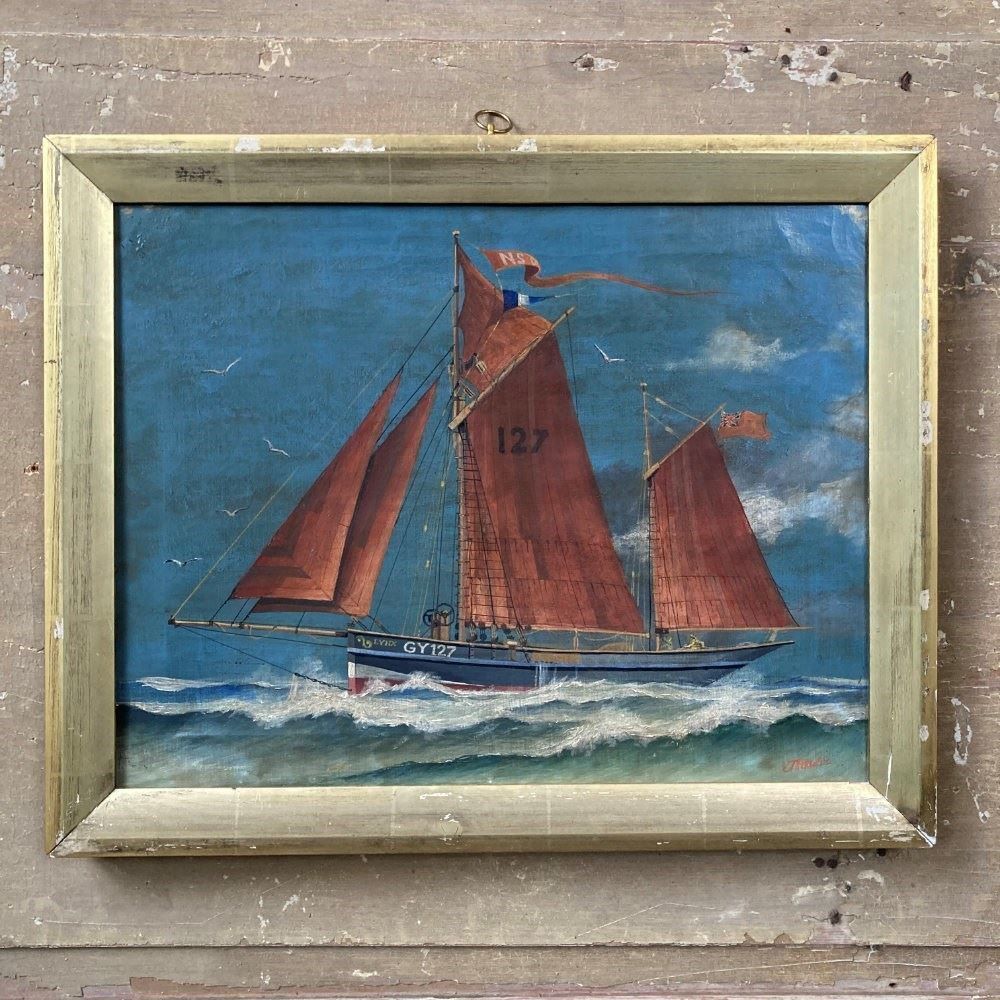 Antique Marine Painting   Grimsby Fishing Ketch photo furniture